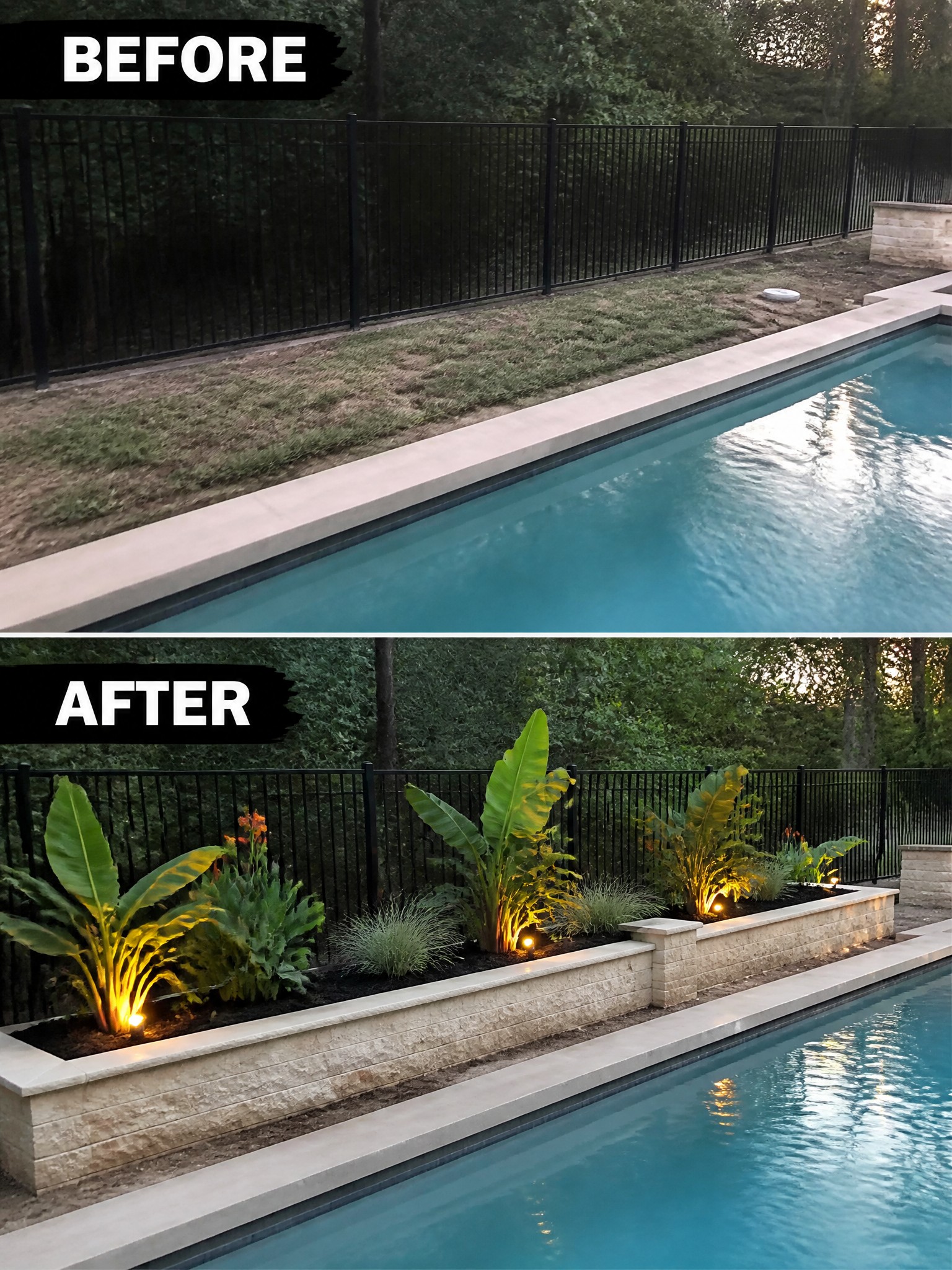 Before and after pool landscaping with stone planters, tropical plants and lights