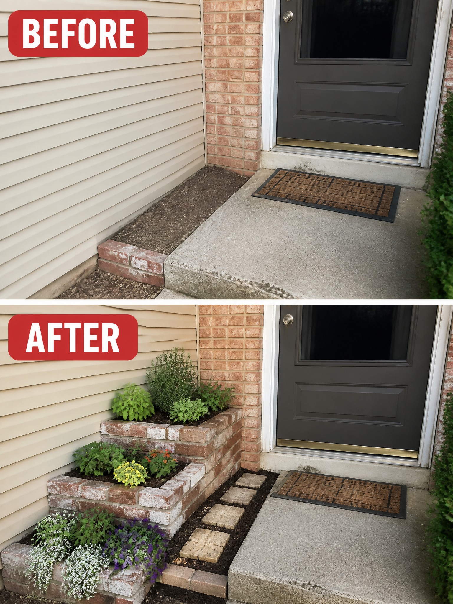Before and after of entrance with tiered brick planters added beside door.
