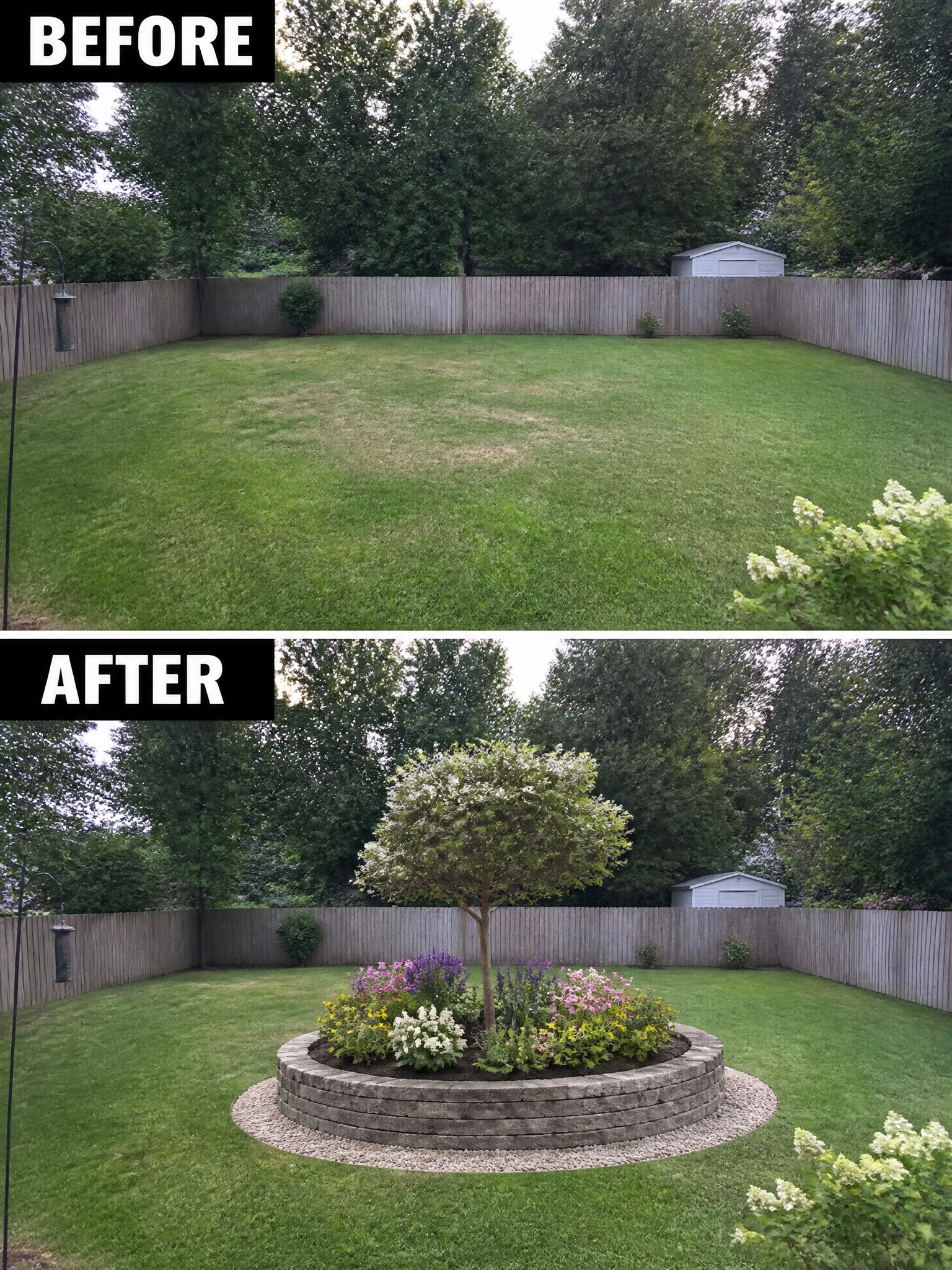 Before and after backyard with new circular stone flower bed and tree added