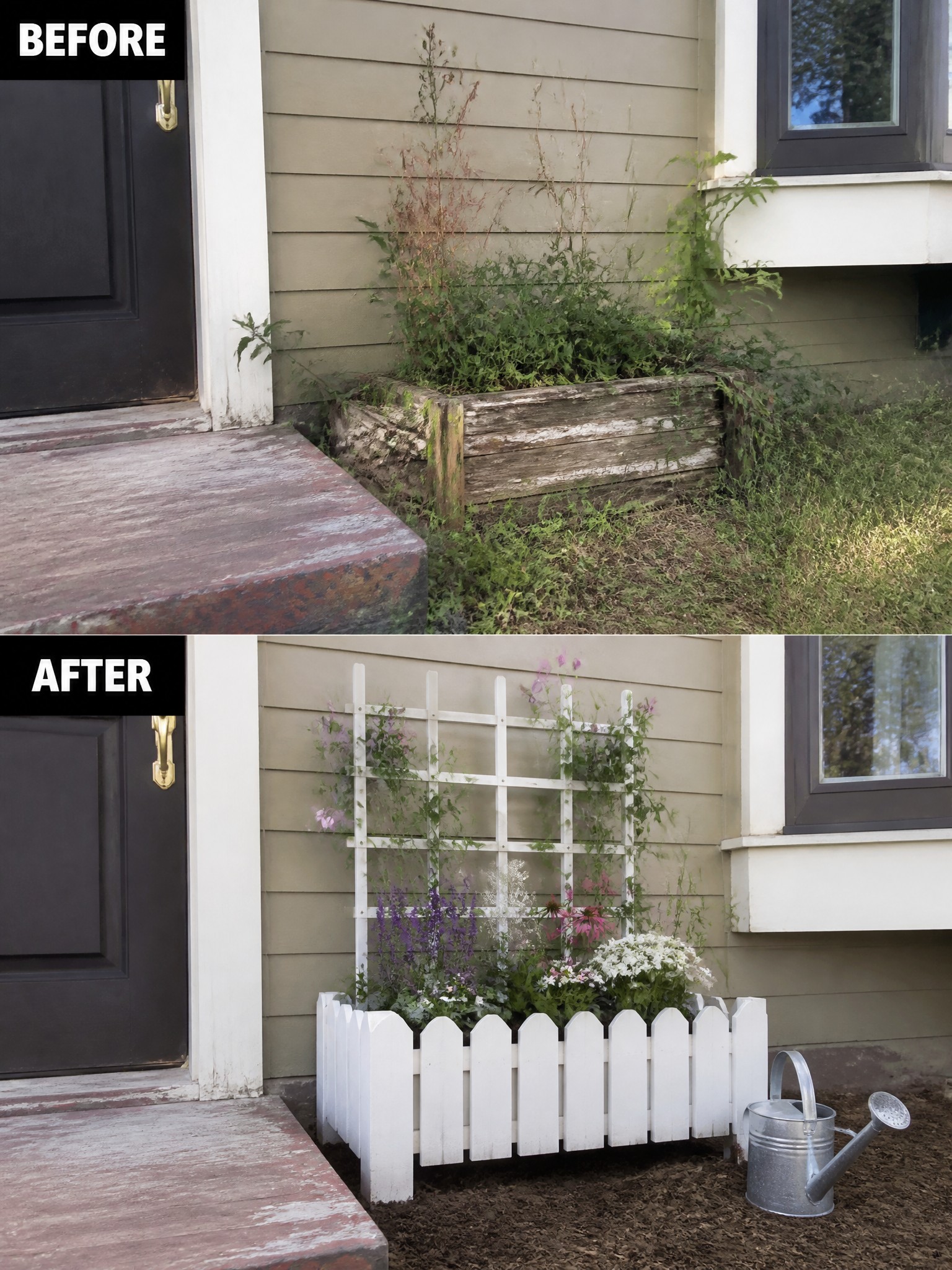 Before-and-after of overgrown planter transformed into white picket fence flower garden with trellis.