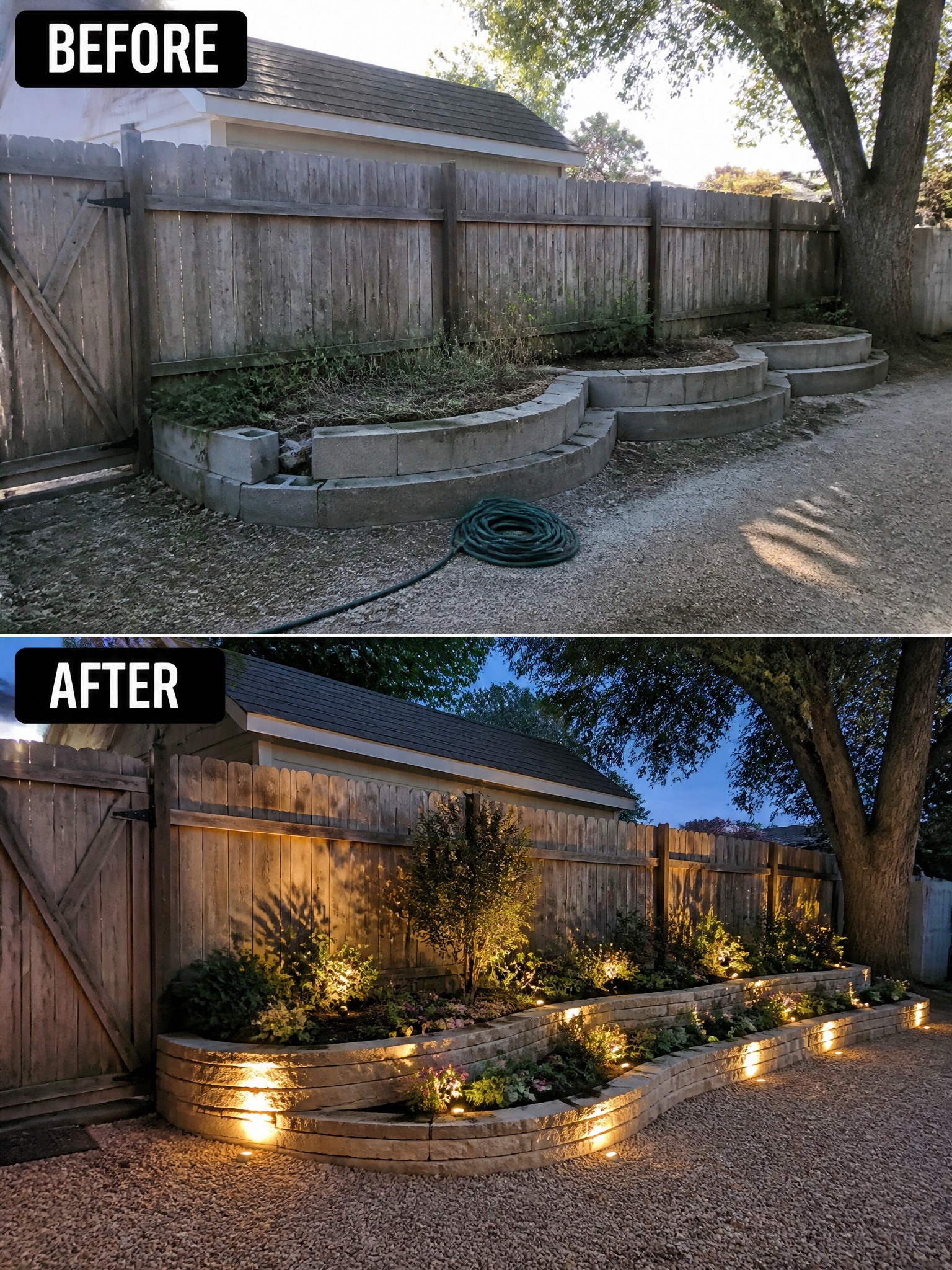 Before and after backyard with curved stone wall and glowing garden lights.