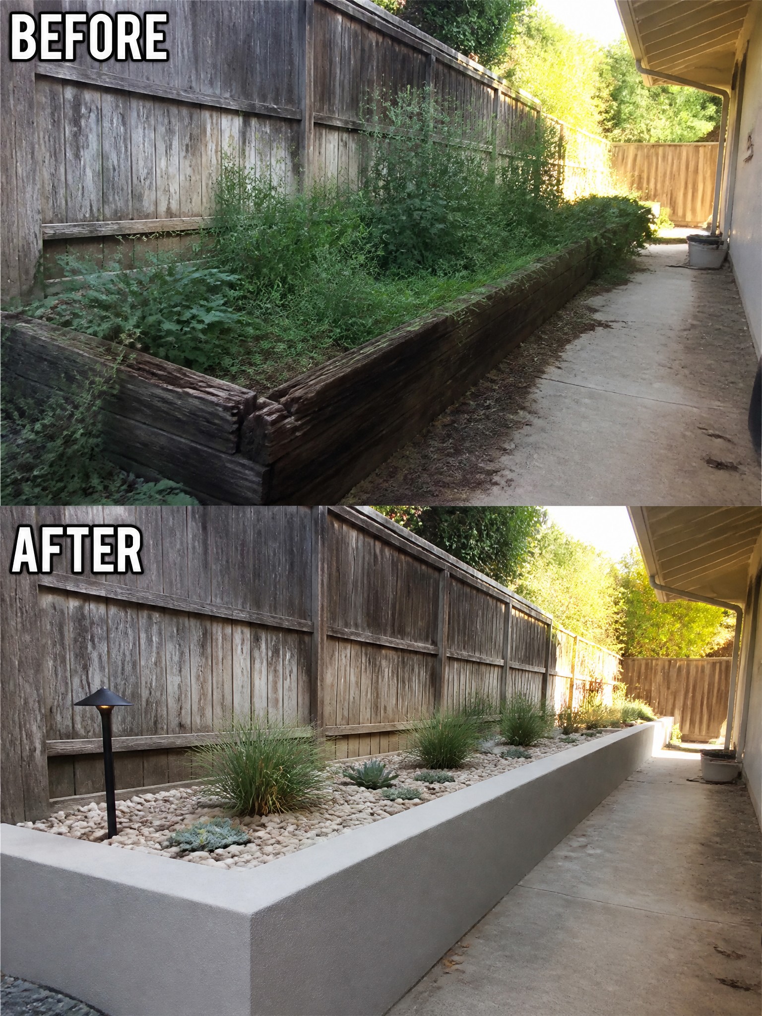 Before-and-after garden bed: overgrown weeds replaced by concrete planter with pebbles, plants and light.