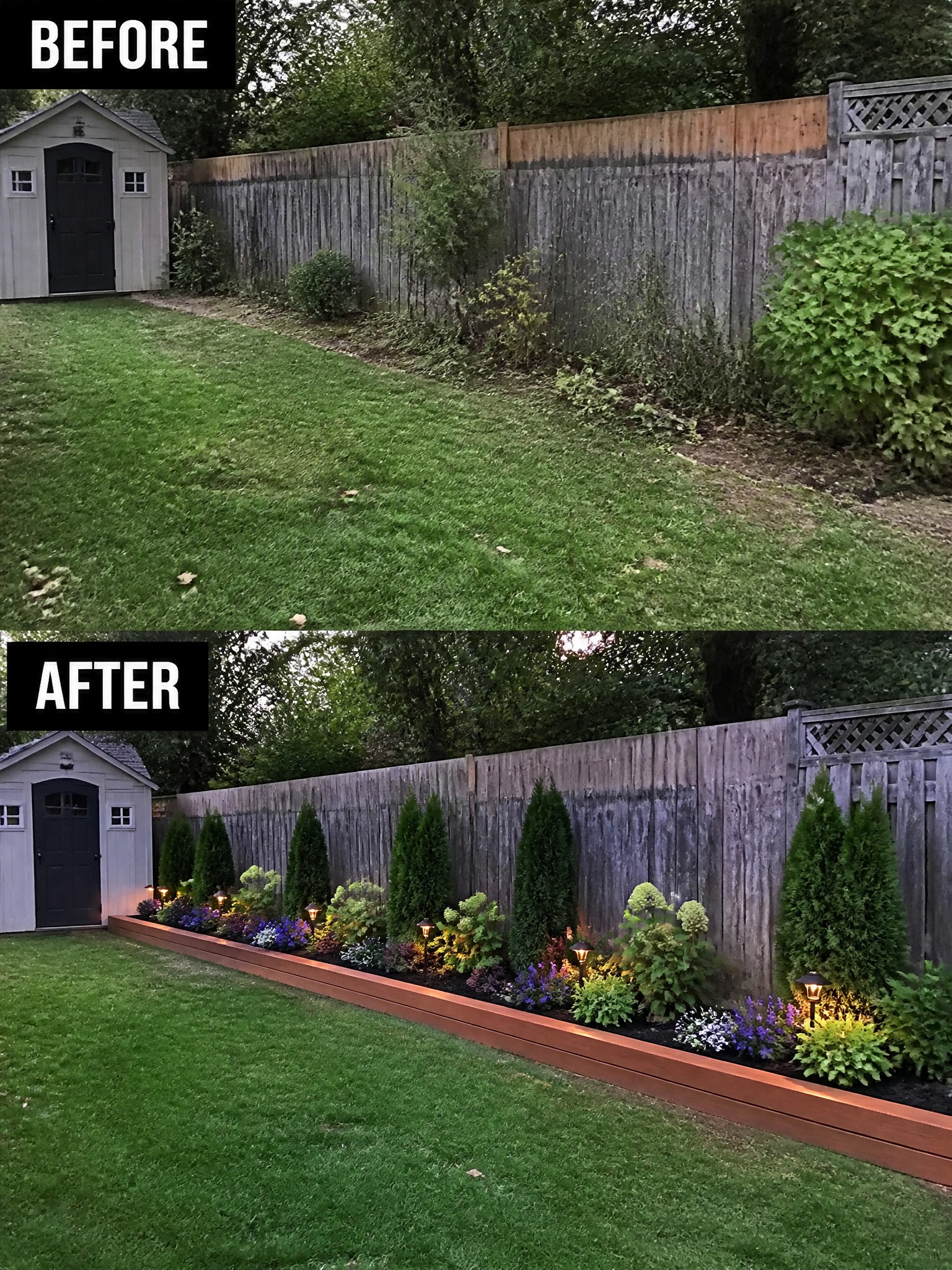 Before-and-after image of an overgrown fence line turned into a clean raised garden bed with shrubs, flowers, and lights.