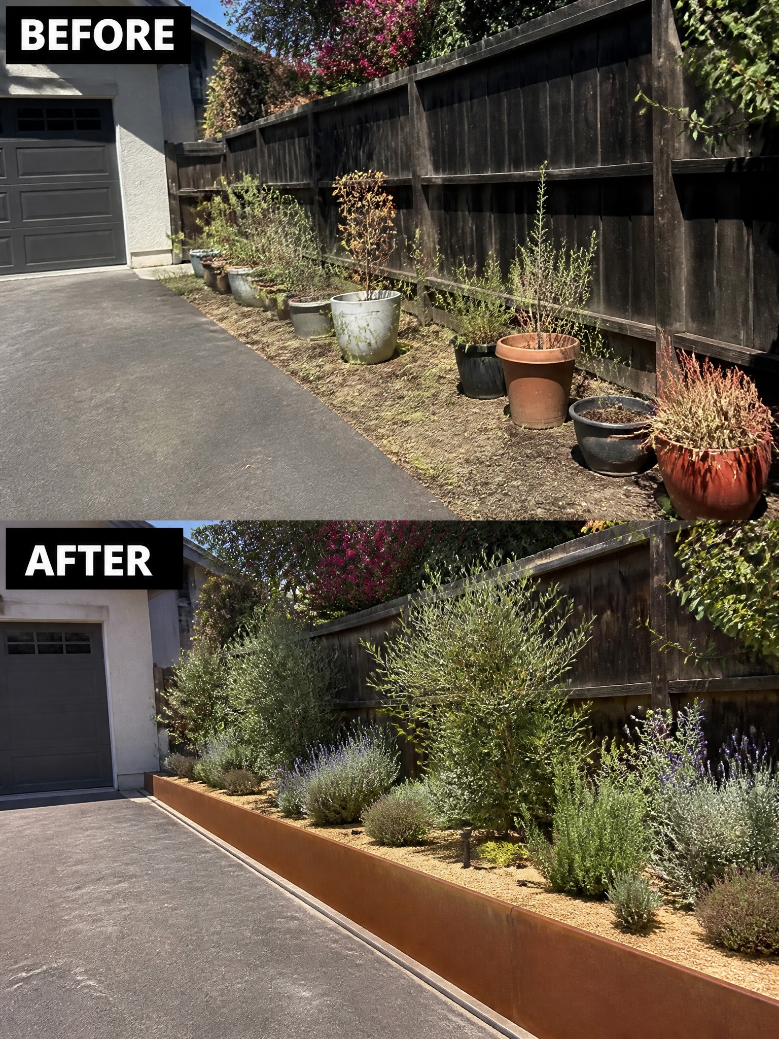 Before-and-after image of a weedy strip with scattered pots transformed into a clean raised garden bed edged in metal and filled with structured planting.
