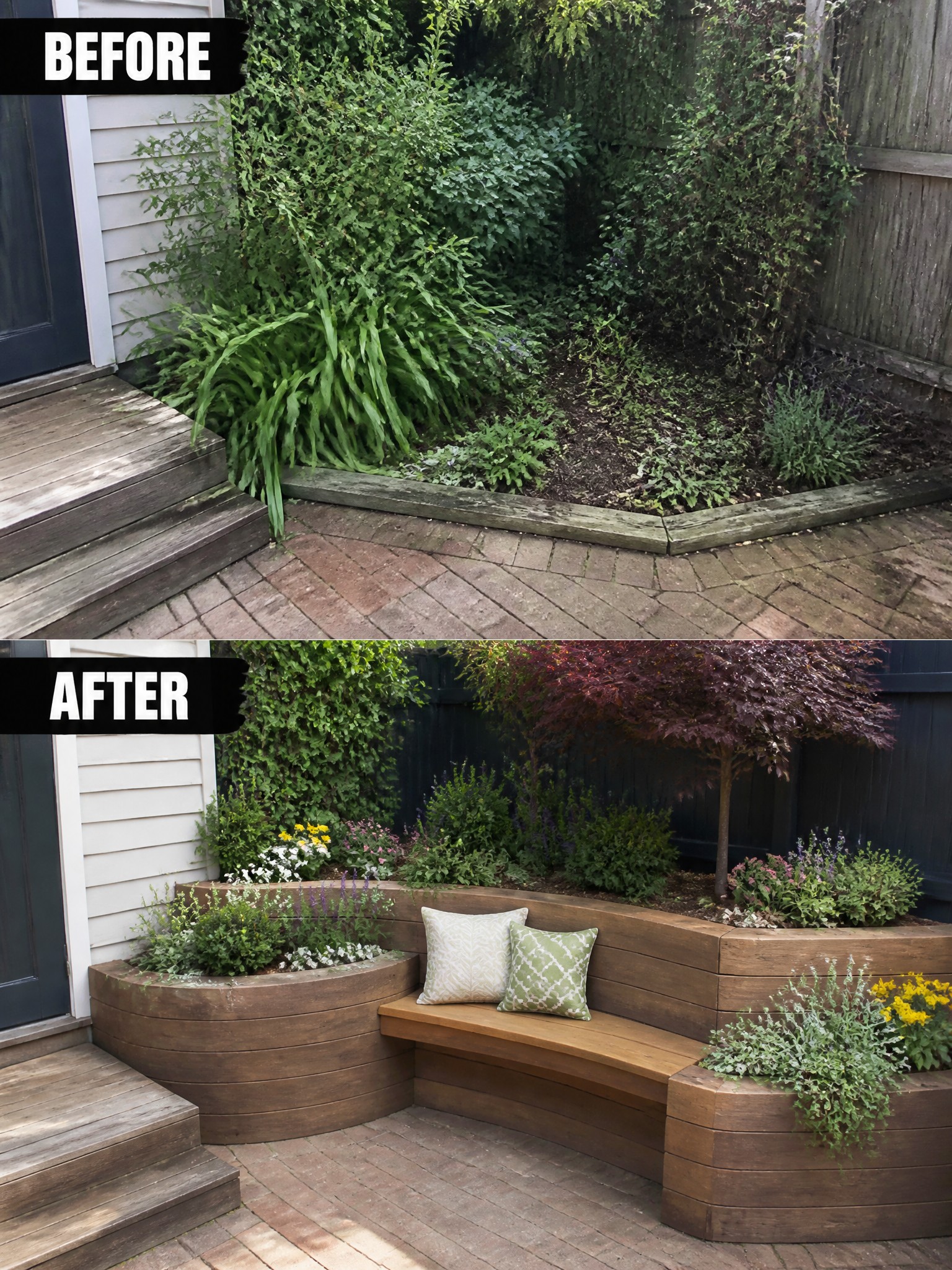 Before overgrown garden and after with curved wooden bench and colorful planters