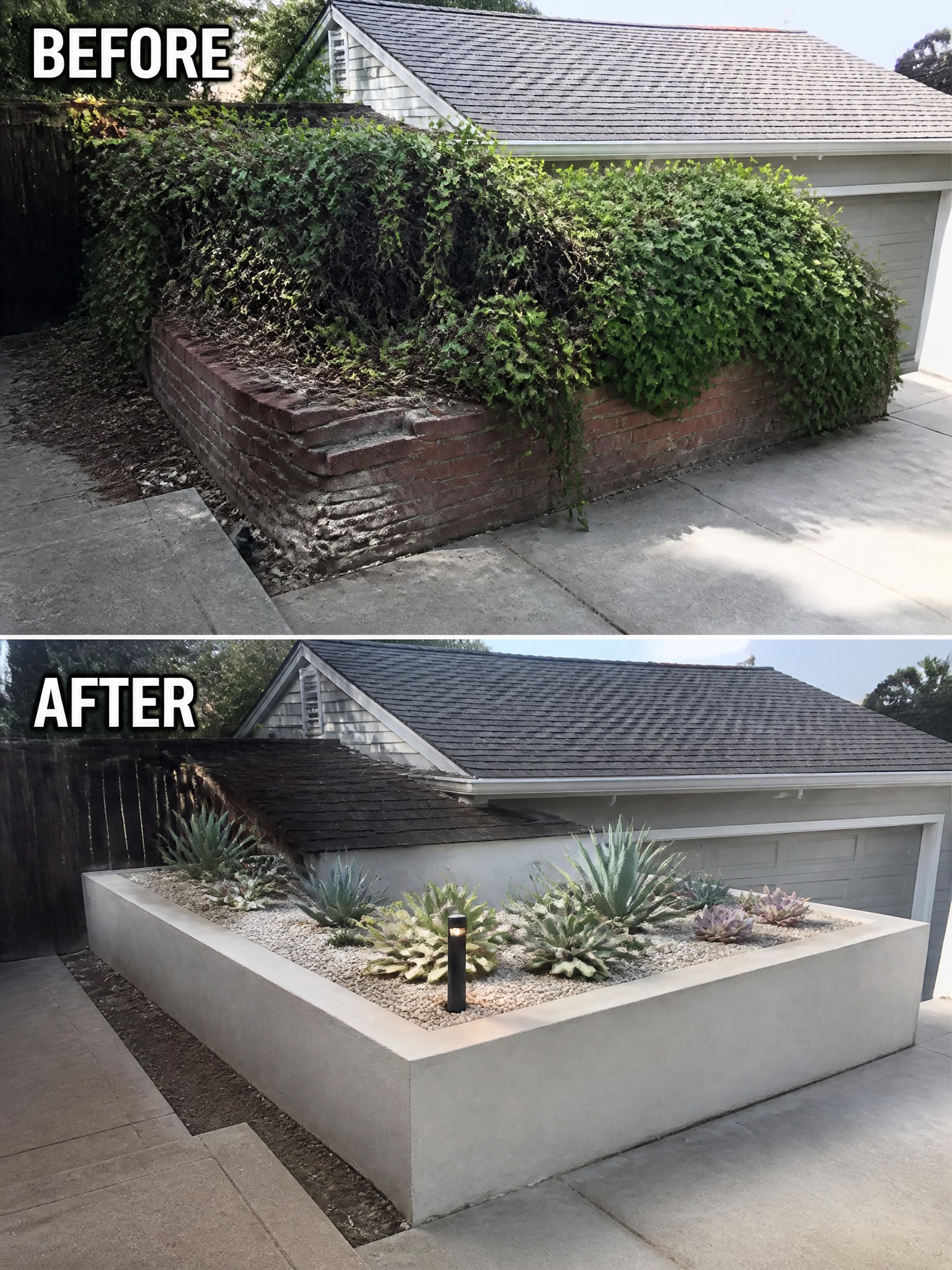 Before and after of overgrown brick wall transformed into concrete succulent planter.