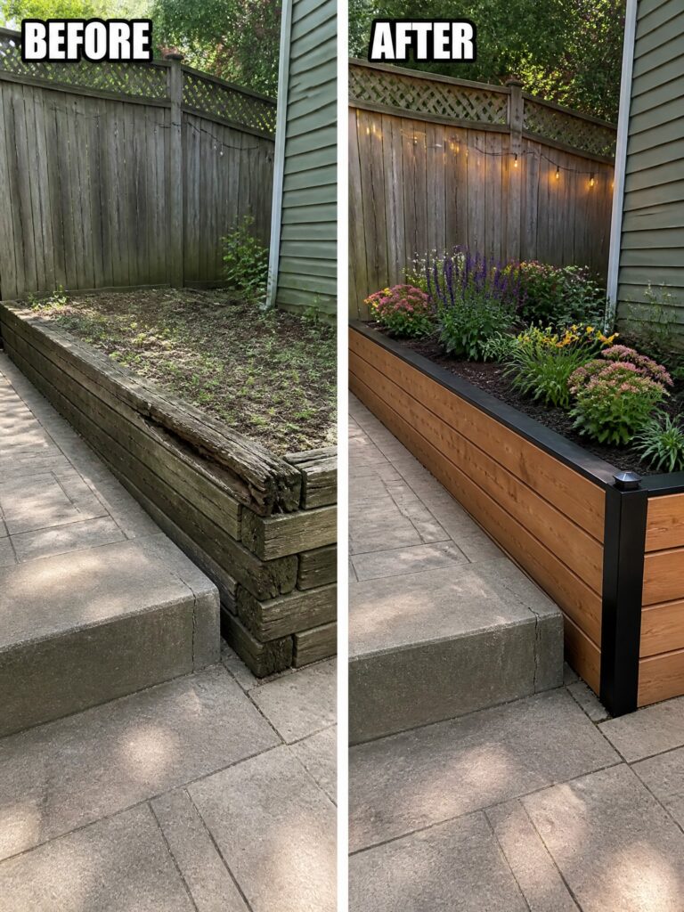 22 Creative Raised Flower Bed Remodel Ideas for Better Structure Before-and-after garden renovation with old retaining wall replaced by new raised wooden planter beds.