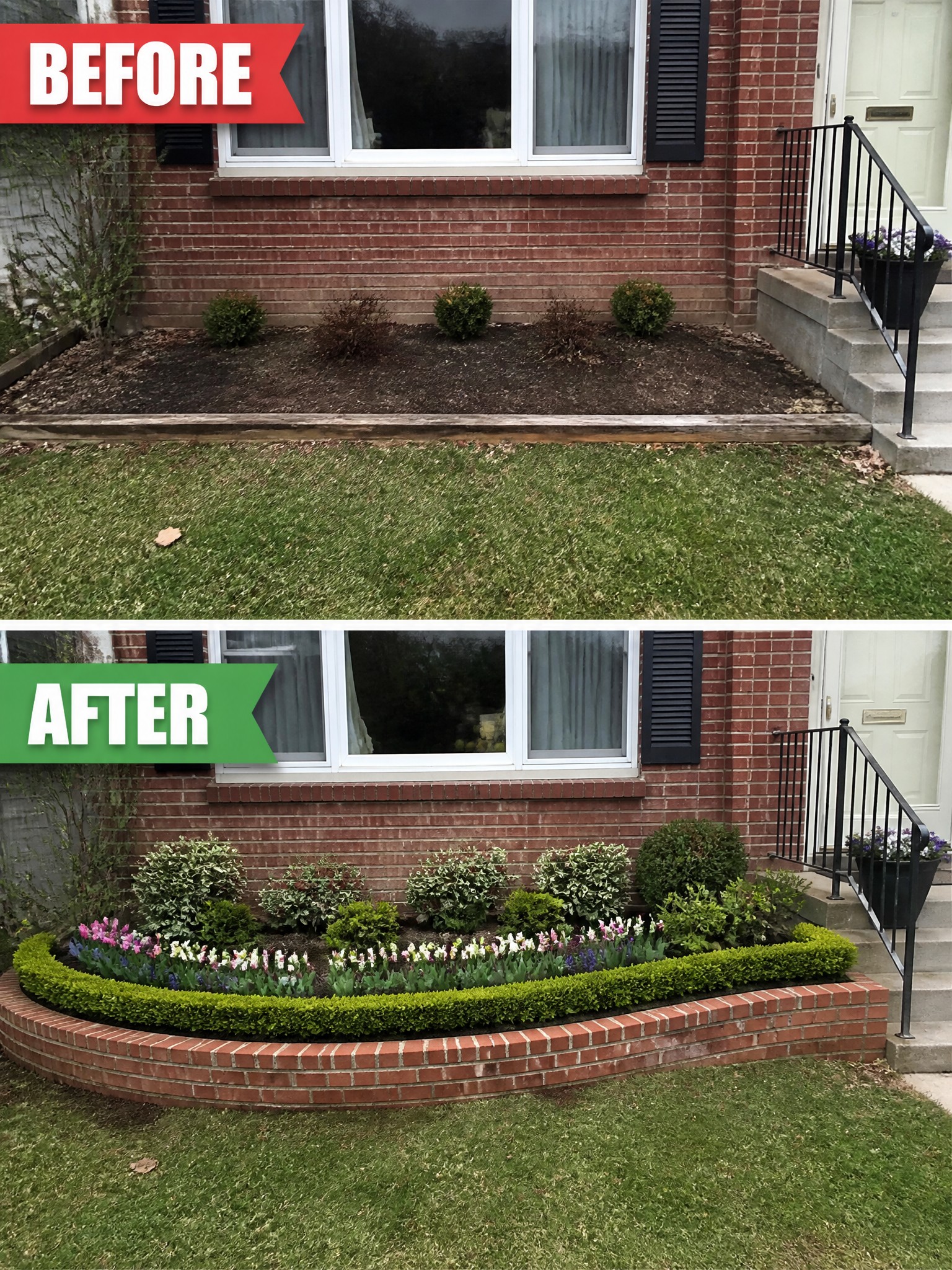 Before and after of brick house garden bed transformed from bare mulch to colorful flowers and shrubs.