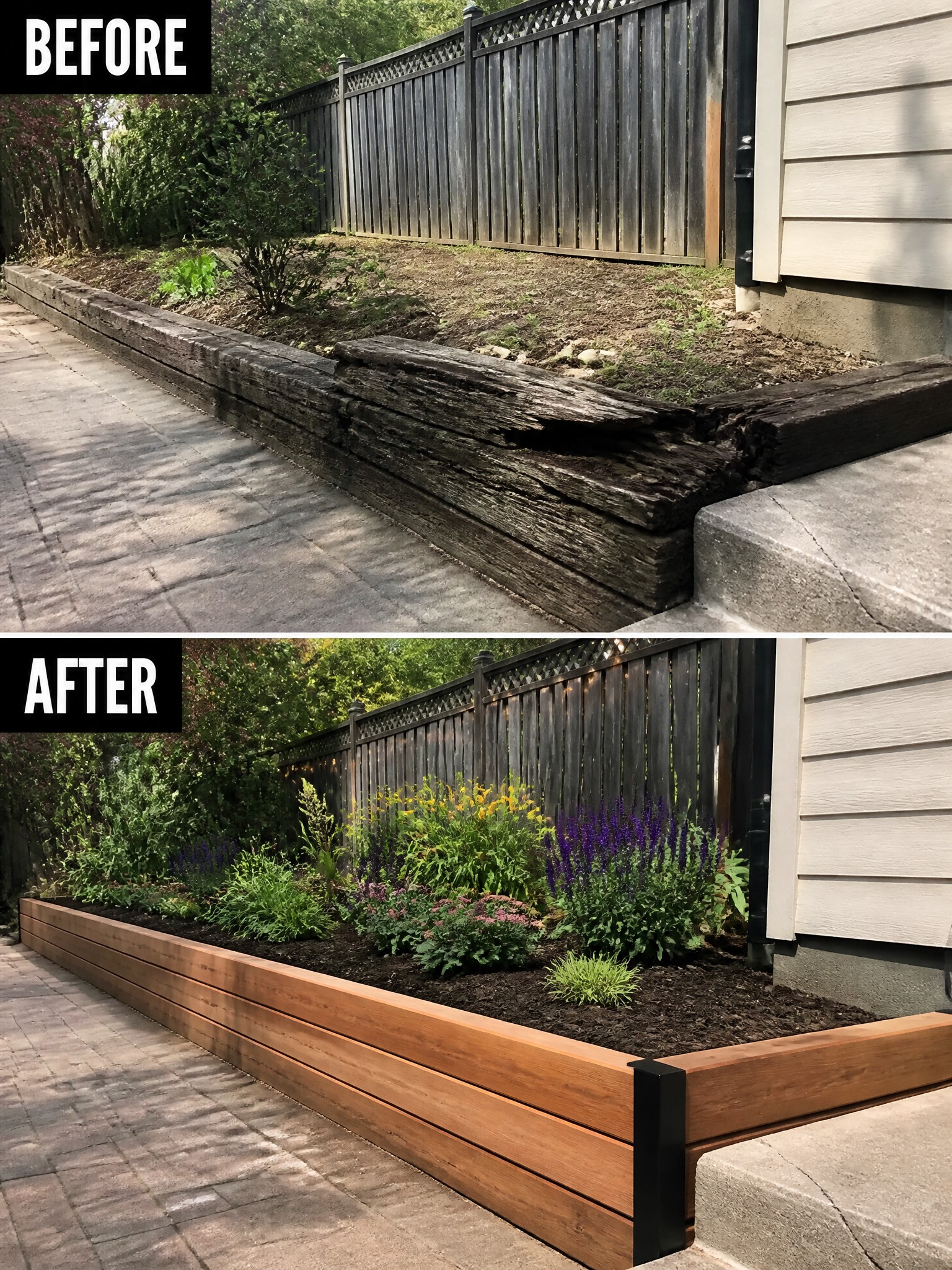 Before-and-after garden renovation with old retaining wall replaced by new raised wooden planter beds.