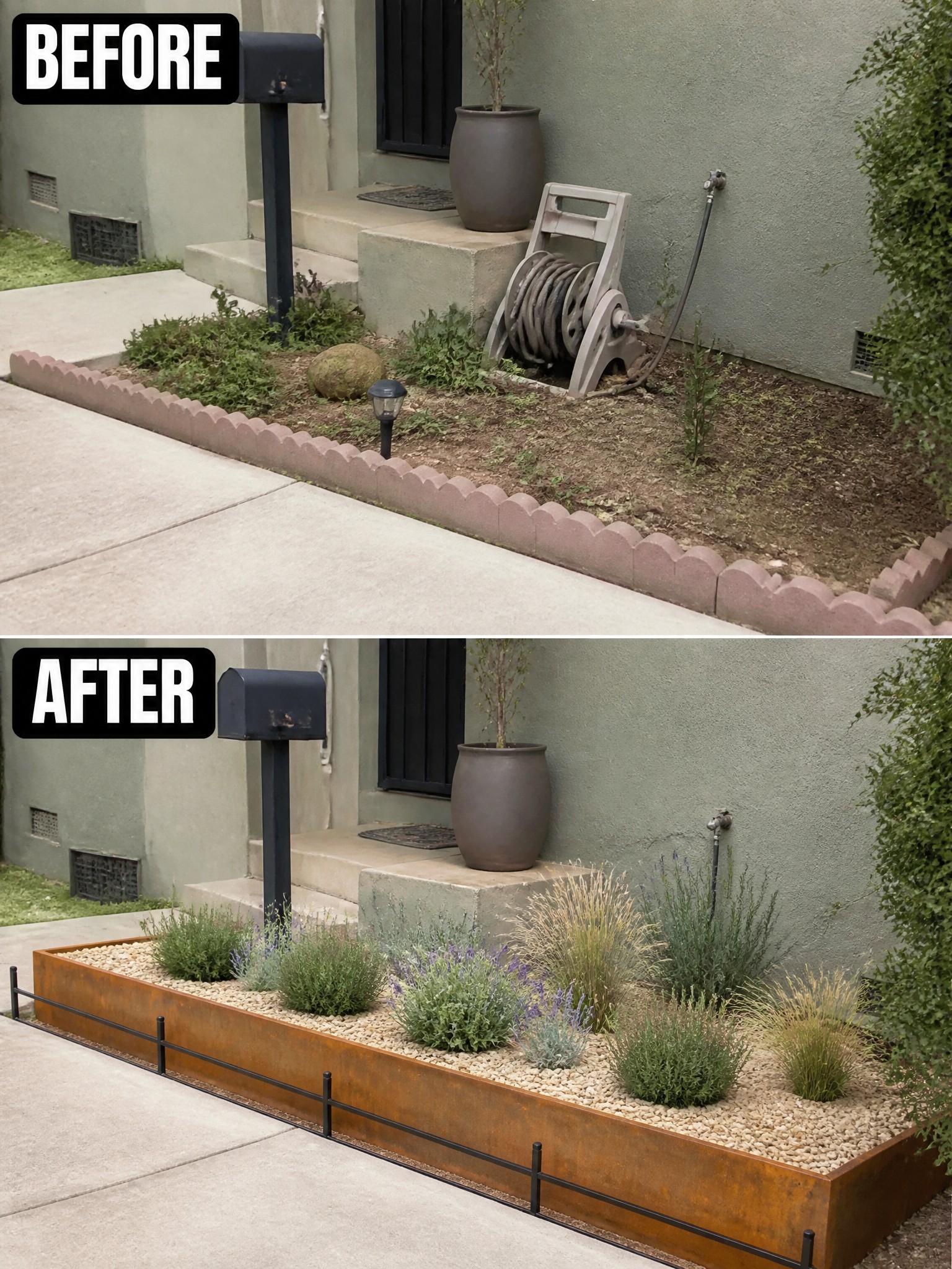Before-and-after image of an overgrown front garden border changed into a clean raised flower bed with gravel and grouped plants.