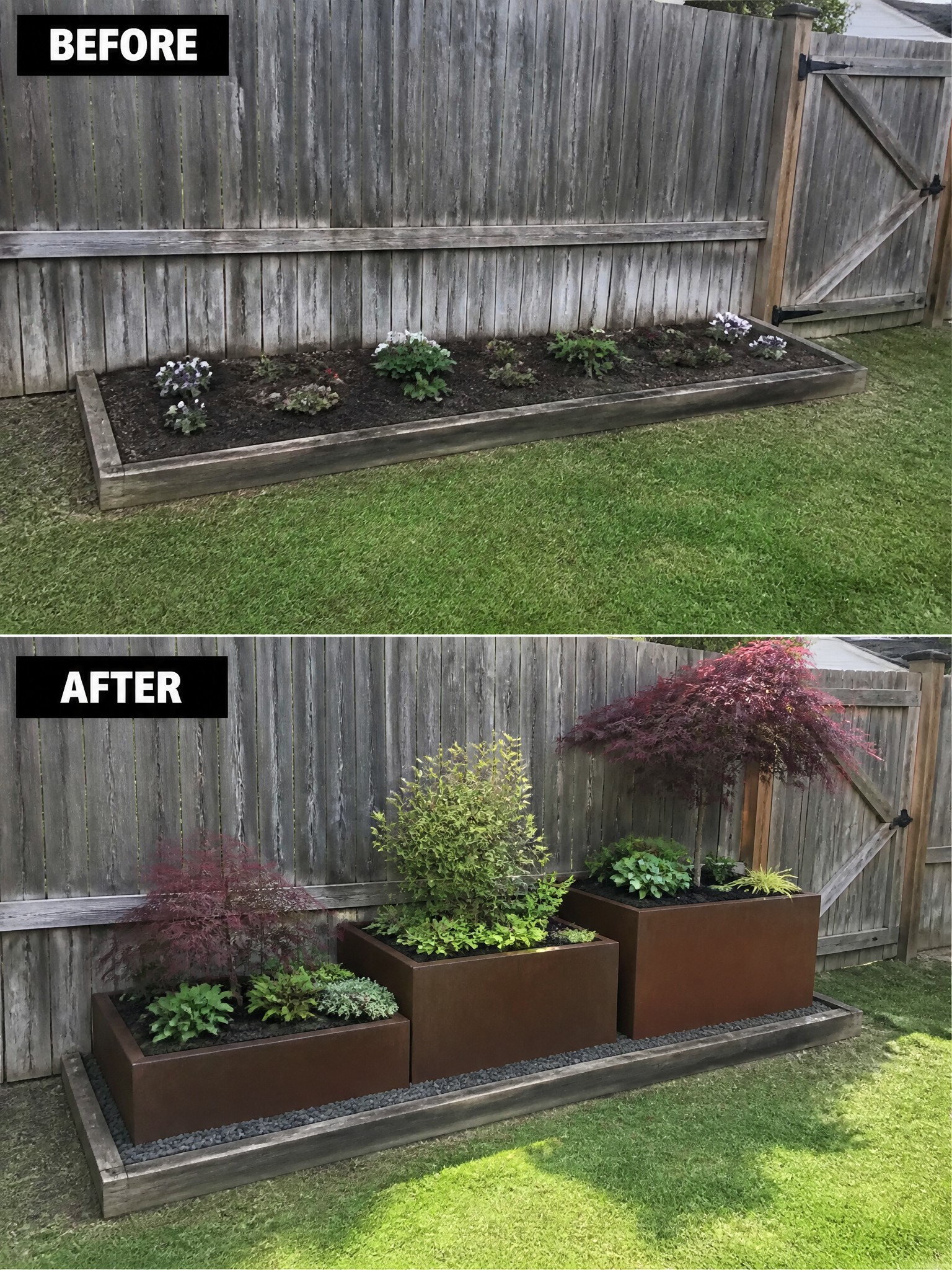Before and after garden makeover with wooden and metal planters against fence