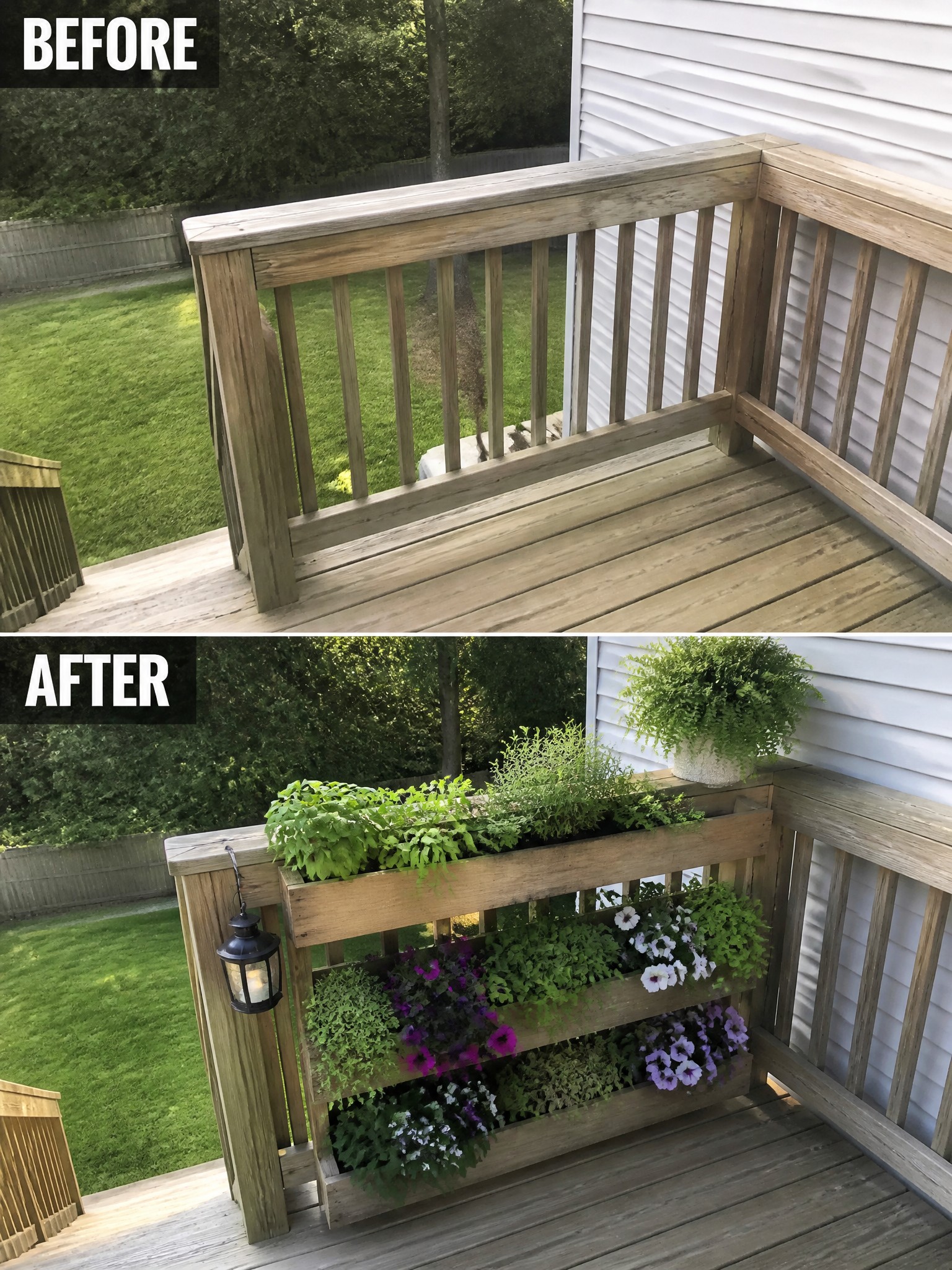 Before and after of wooden deck railing turned into tiered planters with flowers and lantern