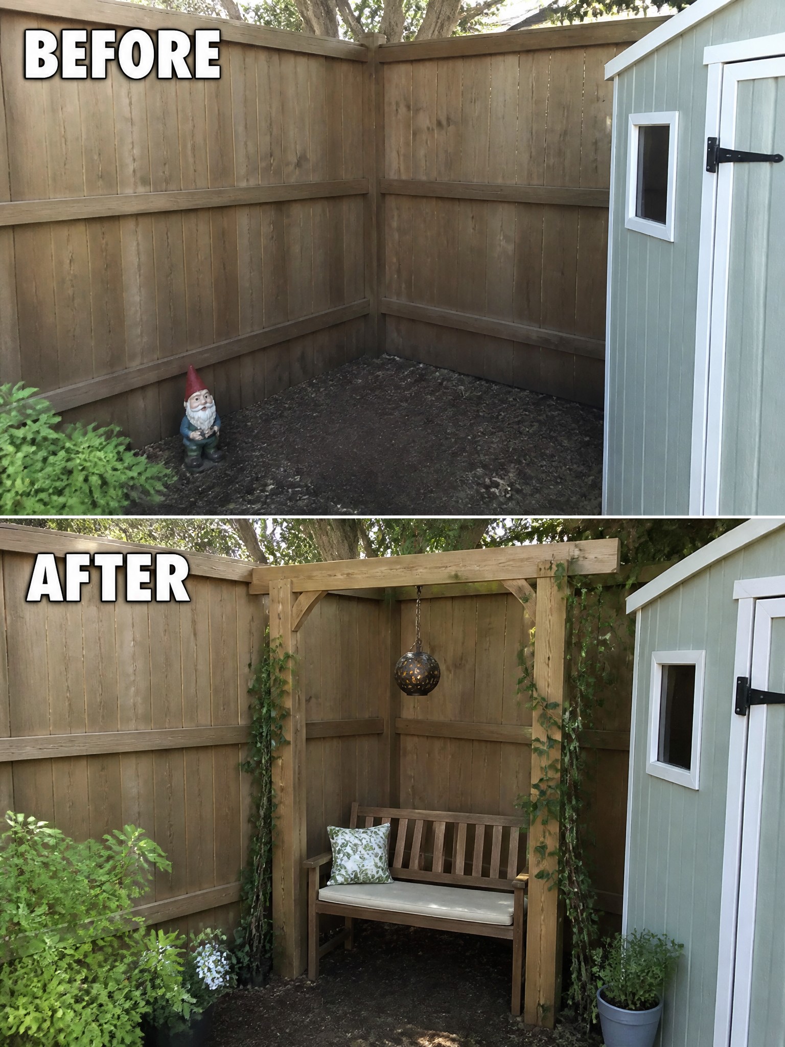 Before-and-after image of a bare fenced backyard corner changed into an outdoor seating area with a wooden frame, bench, hanging light, and climbing vines.