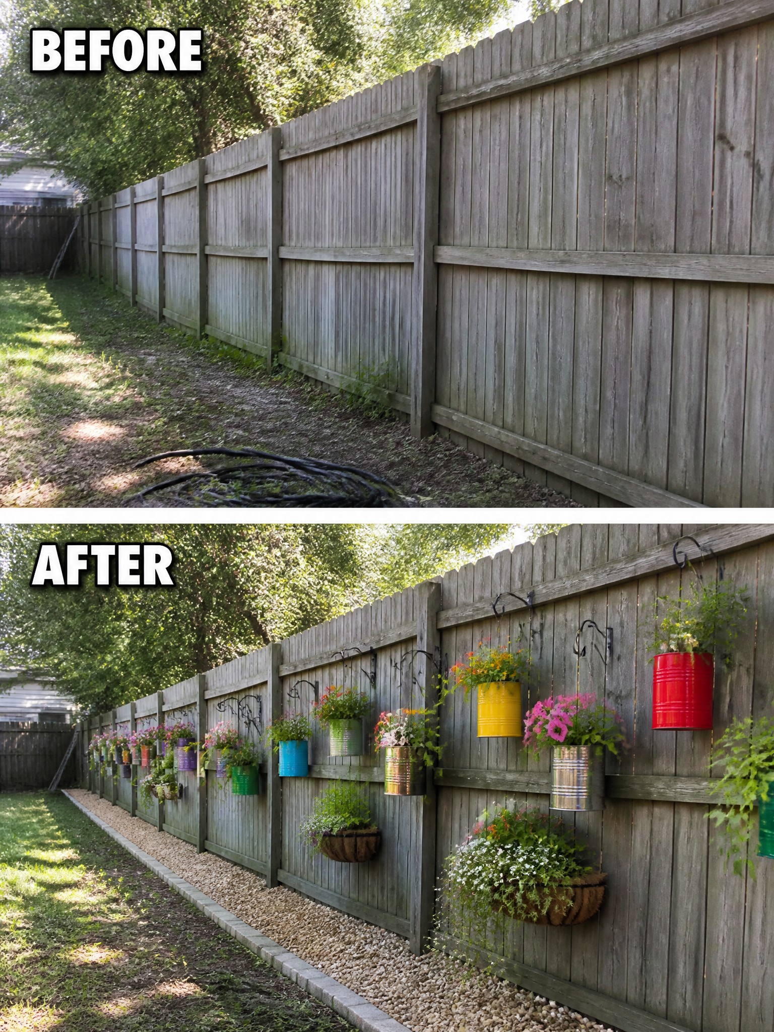 Before-and-after image of a plain wooden fence updated with colorful hanging planters and flower baskets.