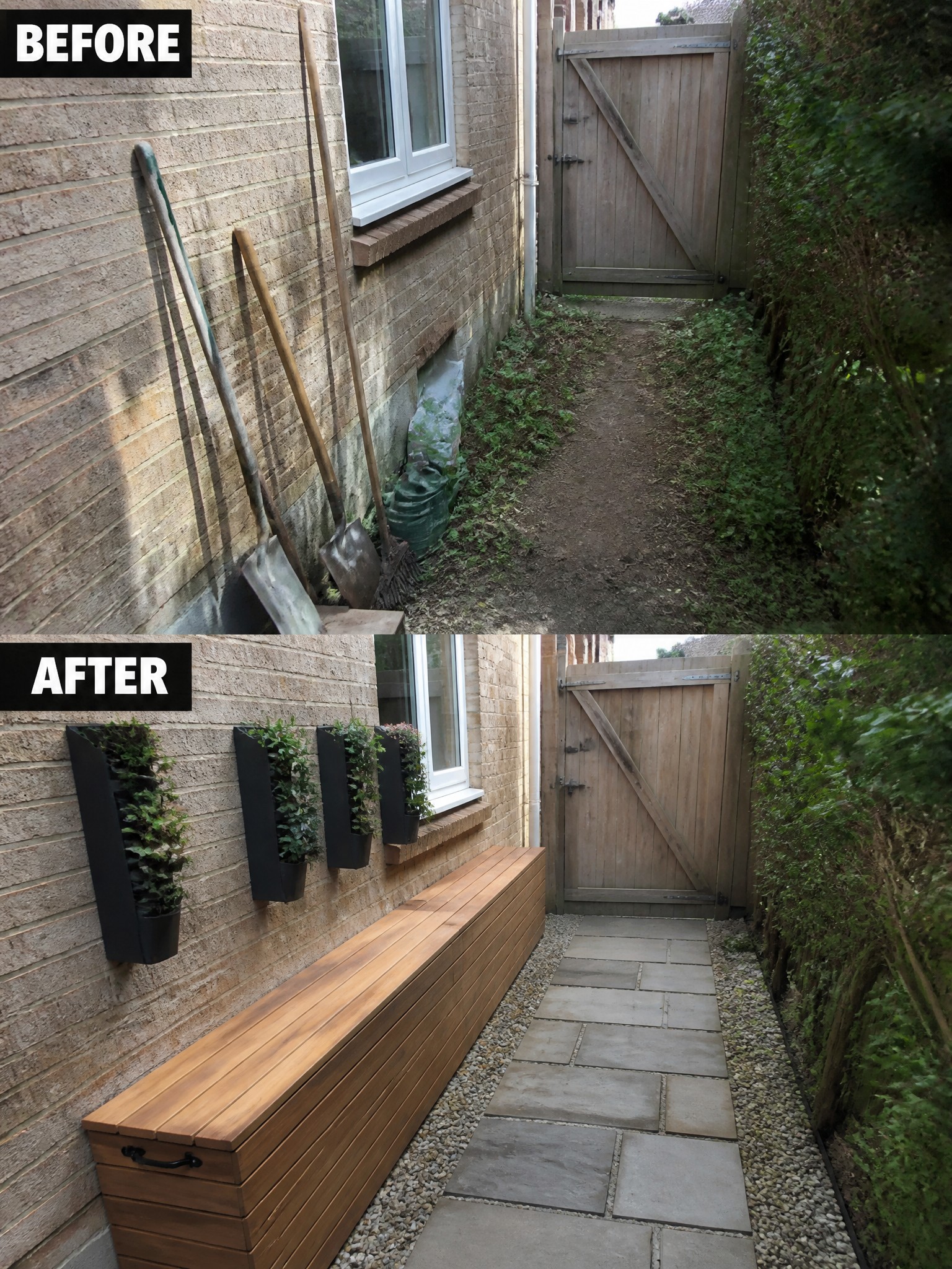 Before and after of brick wall path with tools, bench, planters and gate.