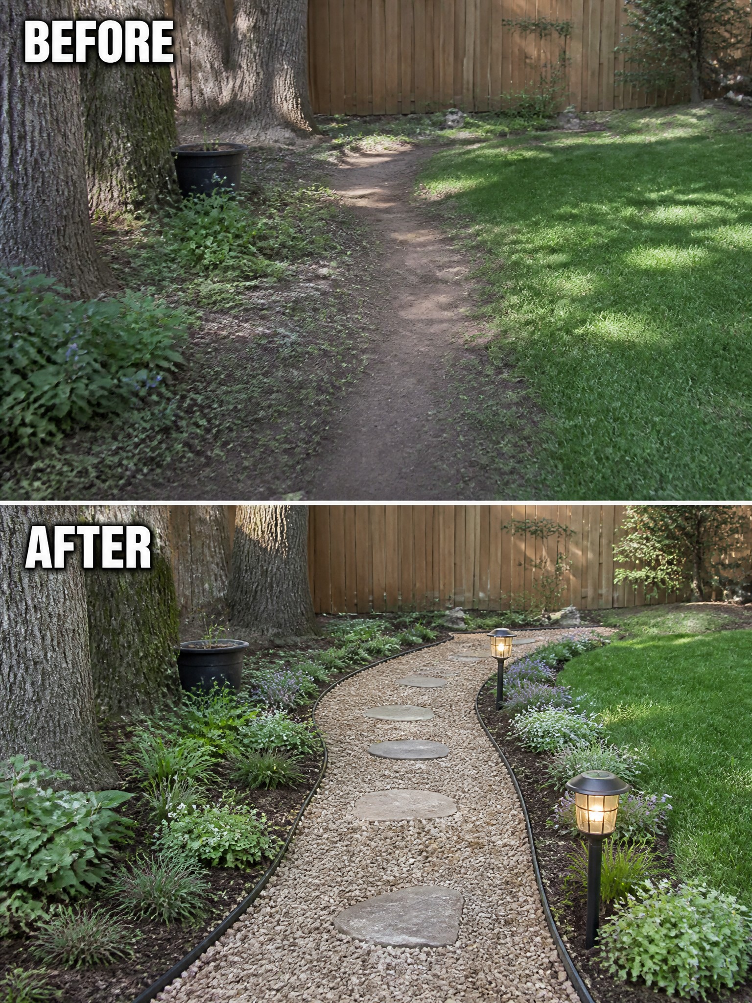 Before and after of dirt path transformed into gravel walkway with stepping stones and lights.