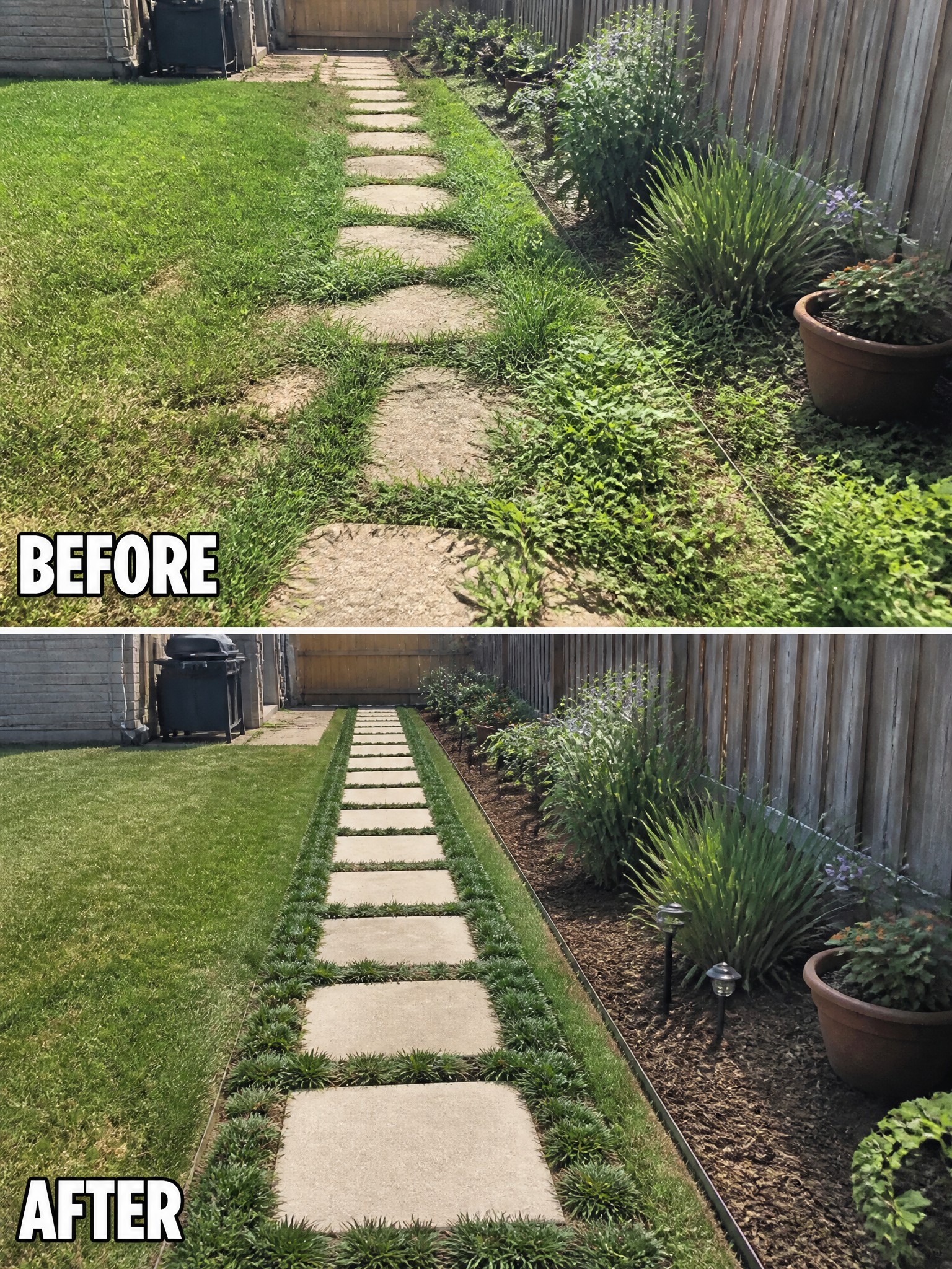 Before-and-after image of an overgrown backyard path changed into a clean walkway with defined grass edges and mulched garden beds.