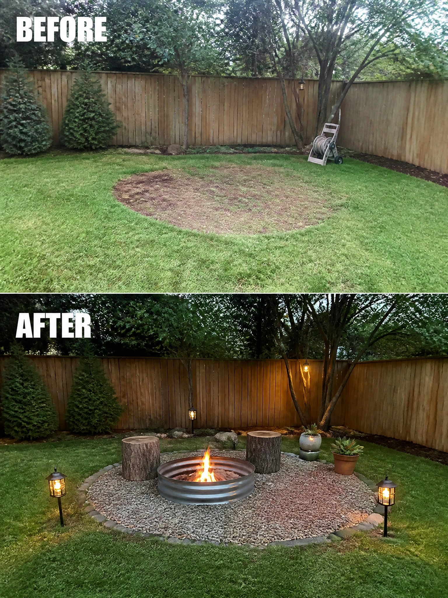 Before and after backyard: bare lawn transformed into fire pit with gravel and lanterns.
