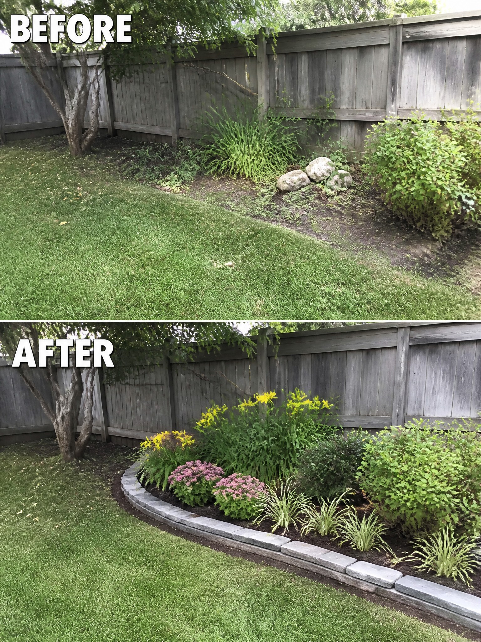 Before and after backyard garden makeover with new stone-bordered flower bed.