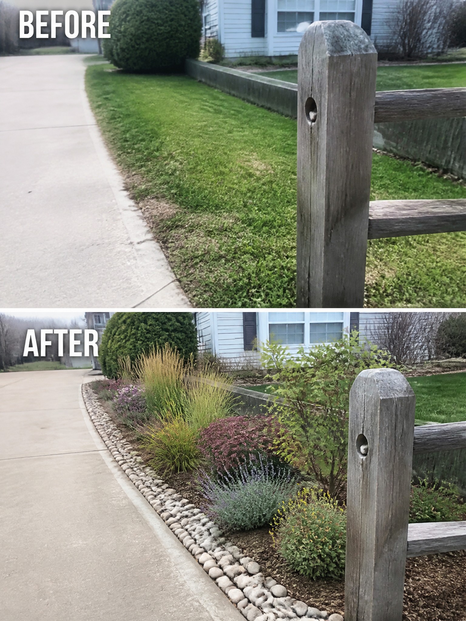 Before grassy strip and after colorful garden bed by wooden fence and sidewalk.