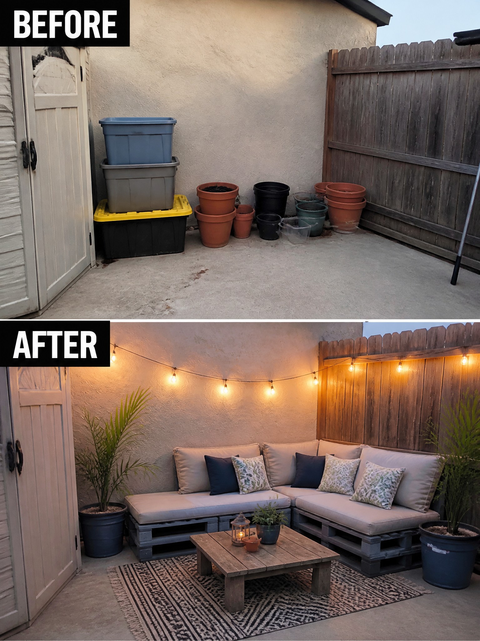 Before cluttered patio with bins and pots, after cozy pallet lounge with lights.