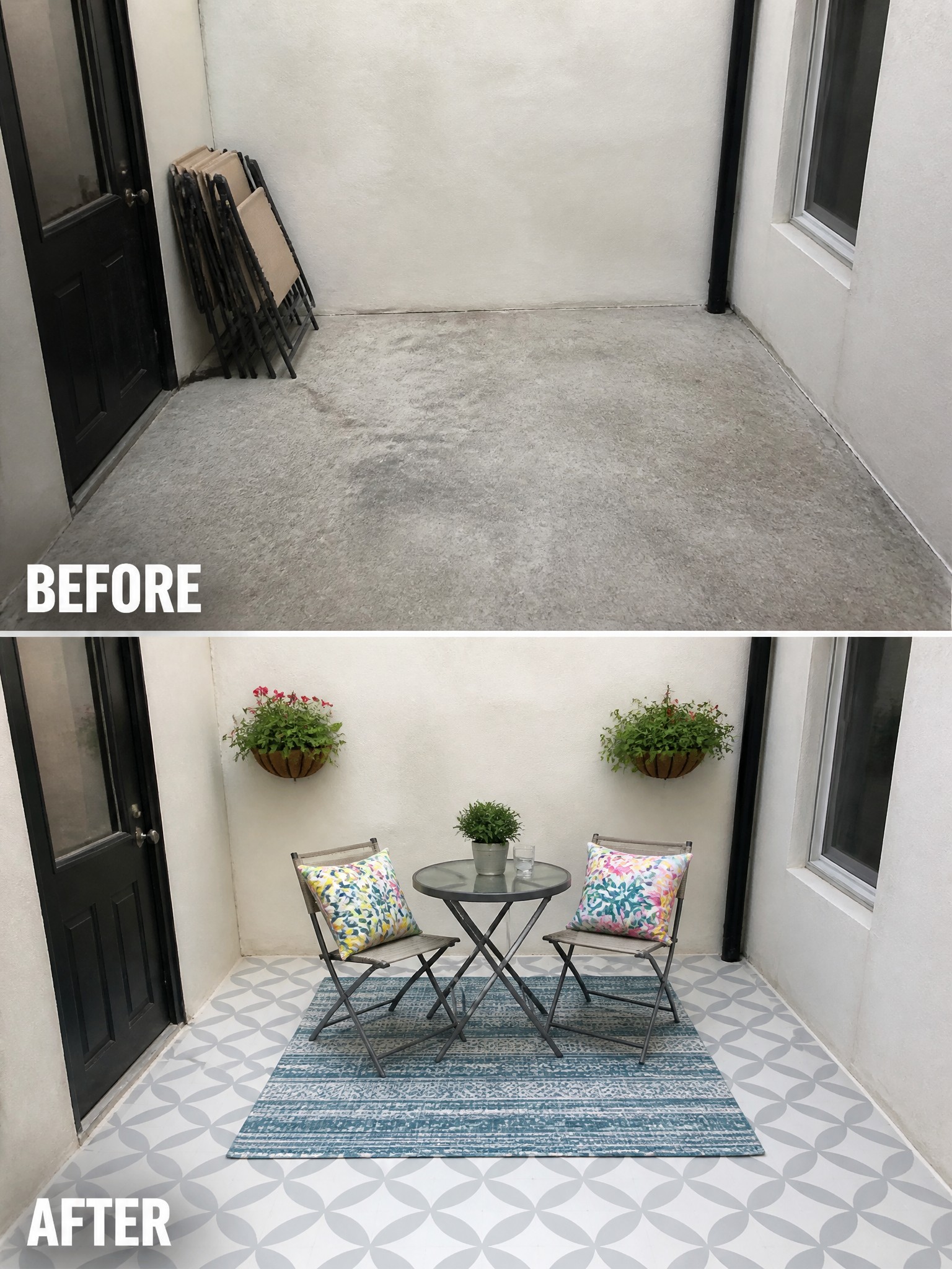 Before-and-after image of a plain concrete patio transformed into a seating area with a rug, bistro table, chairs, and wall planters.