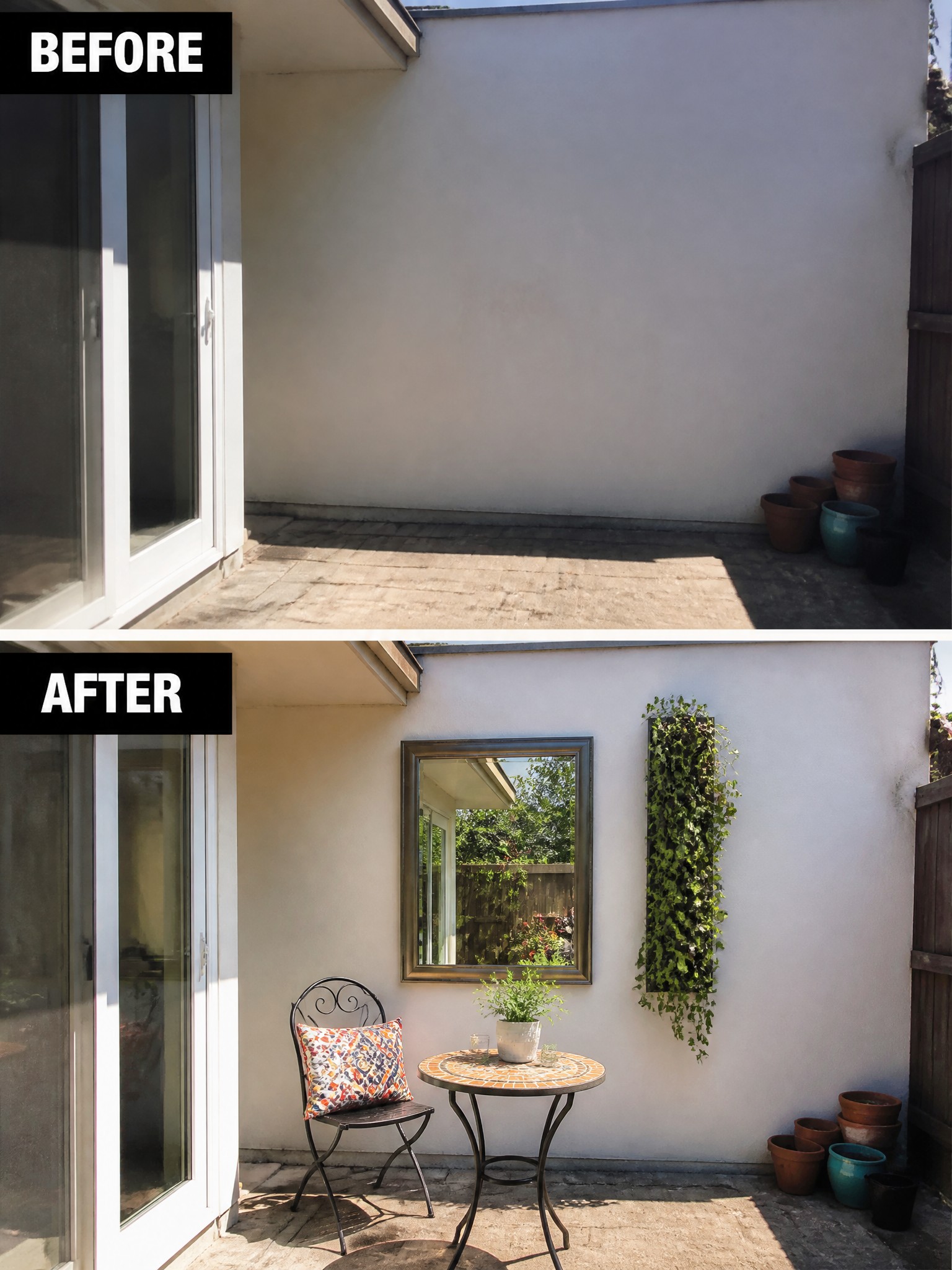 Before-and-after image of a bare patio wall turned into an outdoor seating area with a small table, chair, mirror, and vertical garden.