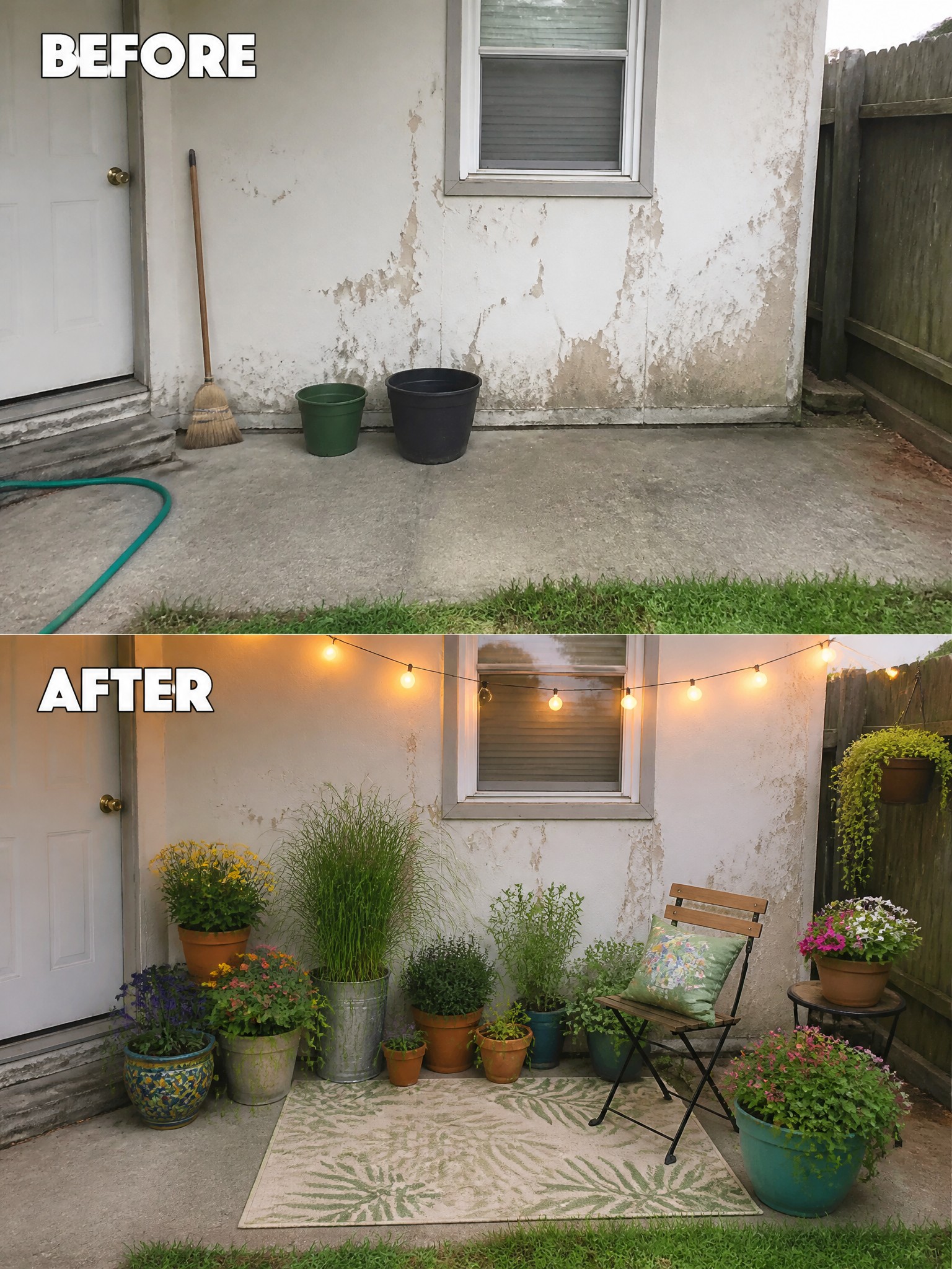 Before-and-after patio: bare peeling wall versus plants, lights, rug, and chair.