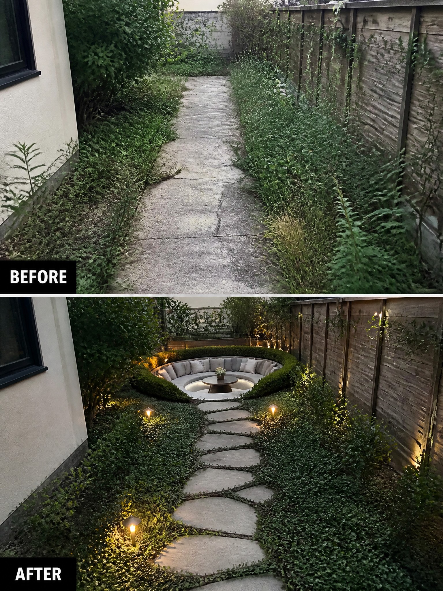 Before and after of overgrown garden path transformed into landscaped circular patio with lights and seating