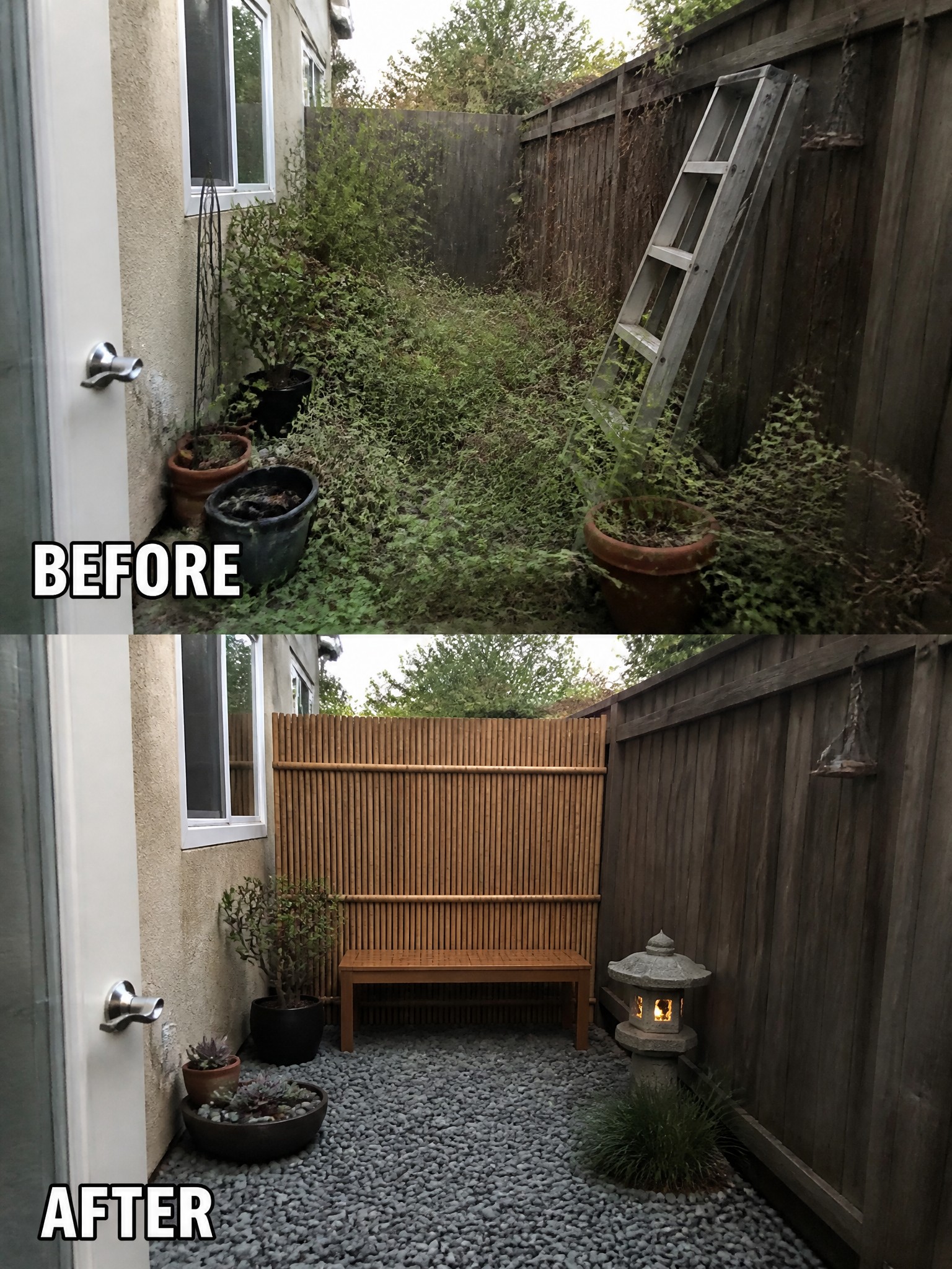 Before-and-after backyard makeover from overgrown weeds to tidy gravel patio with bench