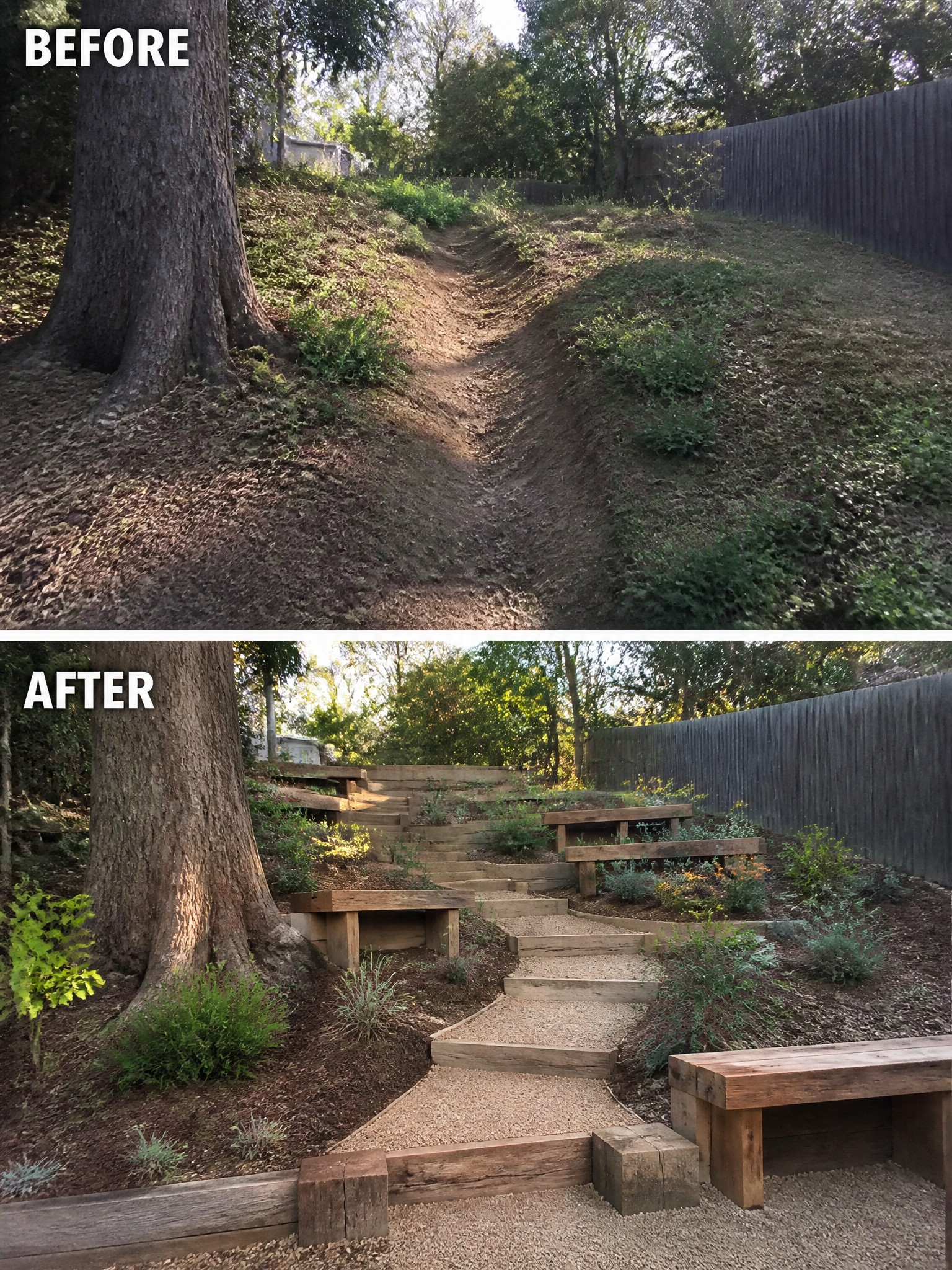 Before-and-after image of an overgrown backyard slope transformed into terraced wooden steps with gravel paths and integrated seating areas.