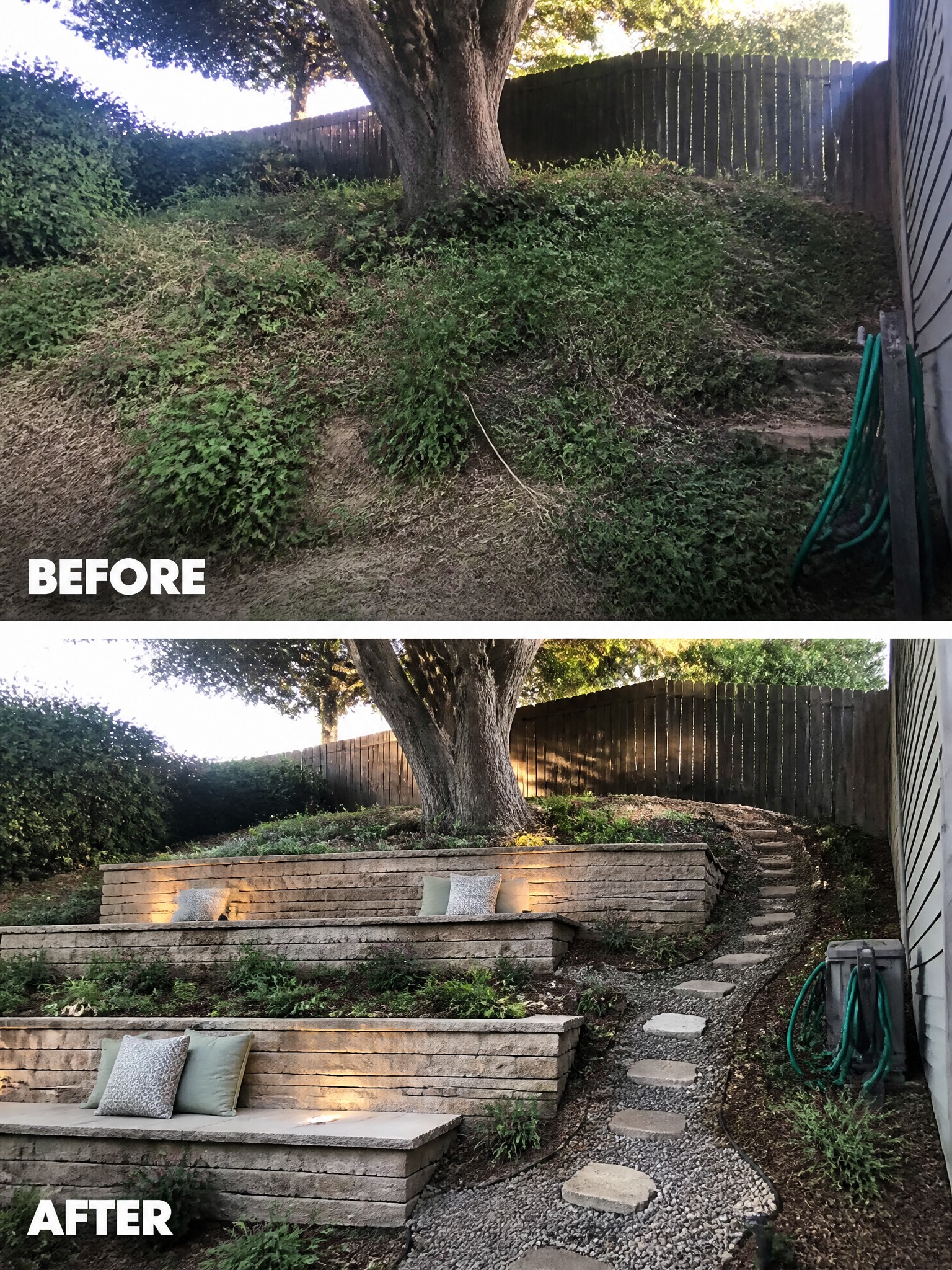 Before and after of hillside yard transformed with stone terraces and seating