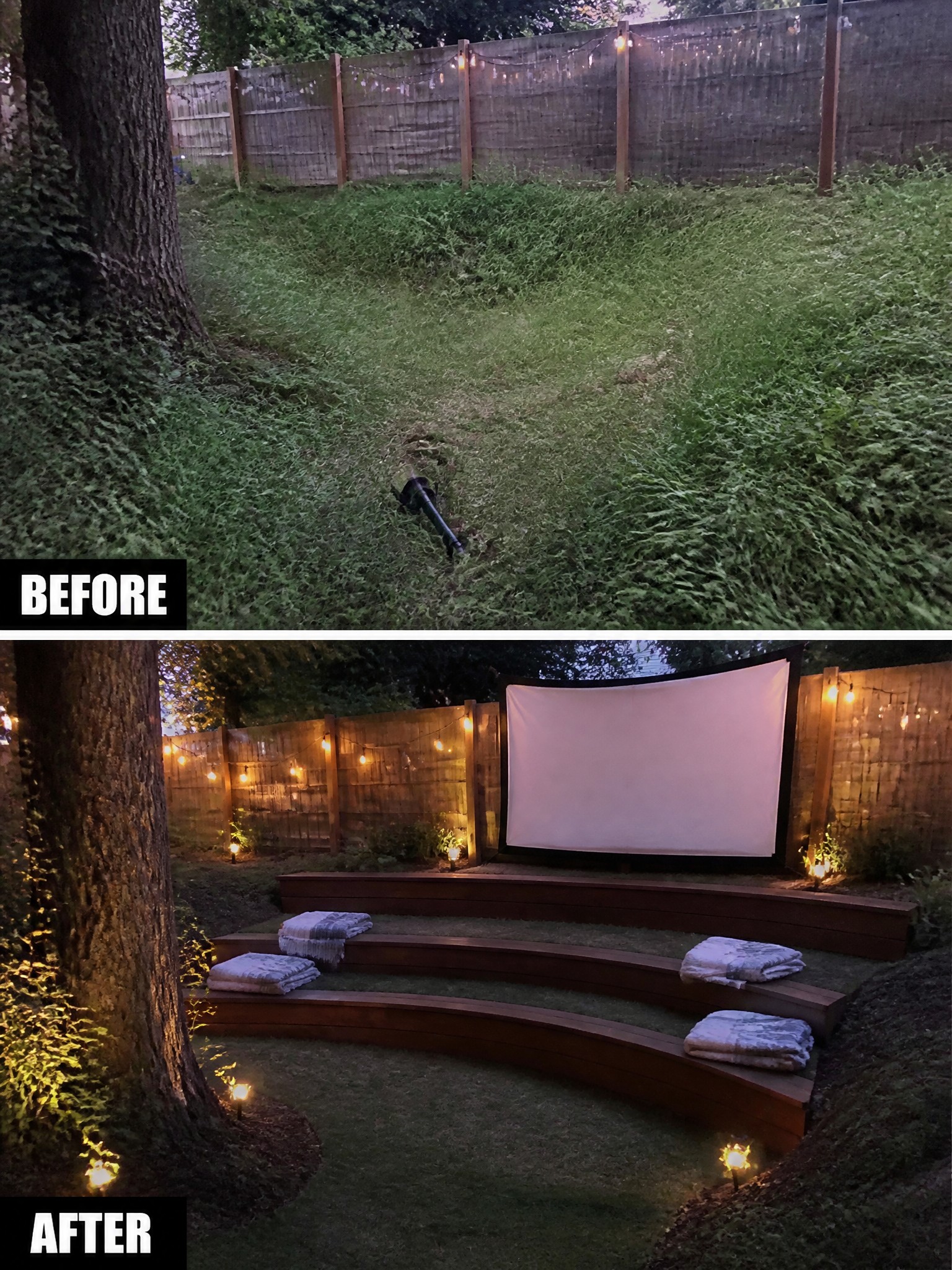 Before and after backyard transformed into lit amphitheater with tiered seats and screen