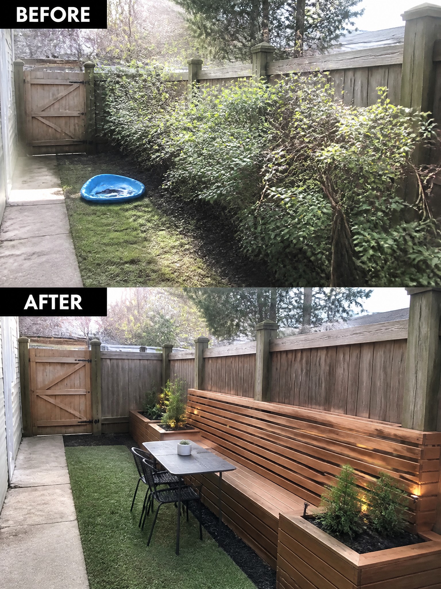 Before and after backyard with pool replaced by wooden bench, table and planters