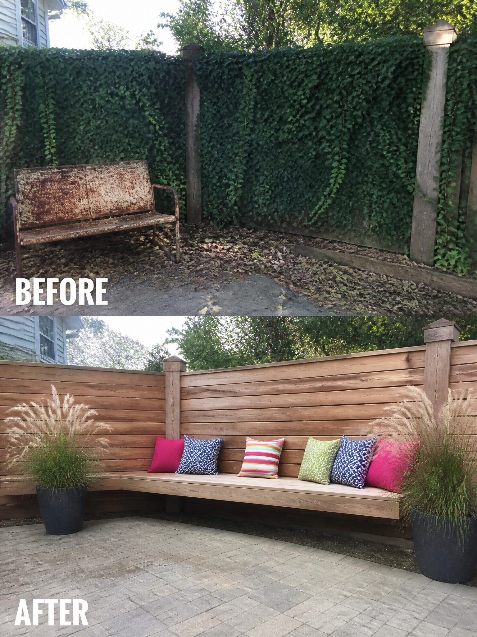Before and after of backyard bench: rusty metal replaced by wooden with colorful pillows.