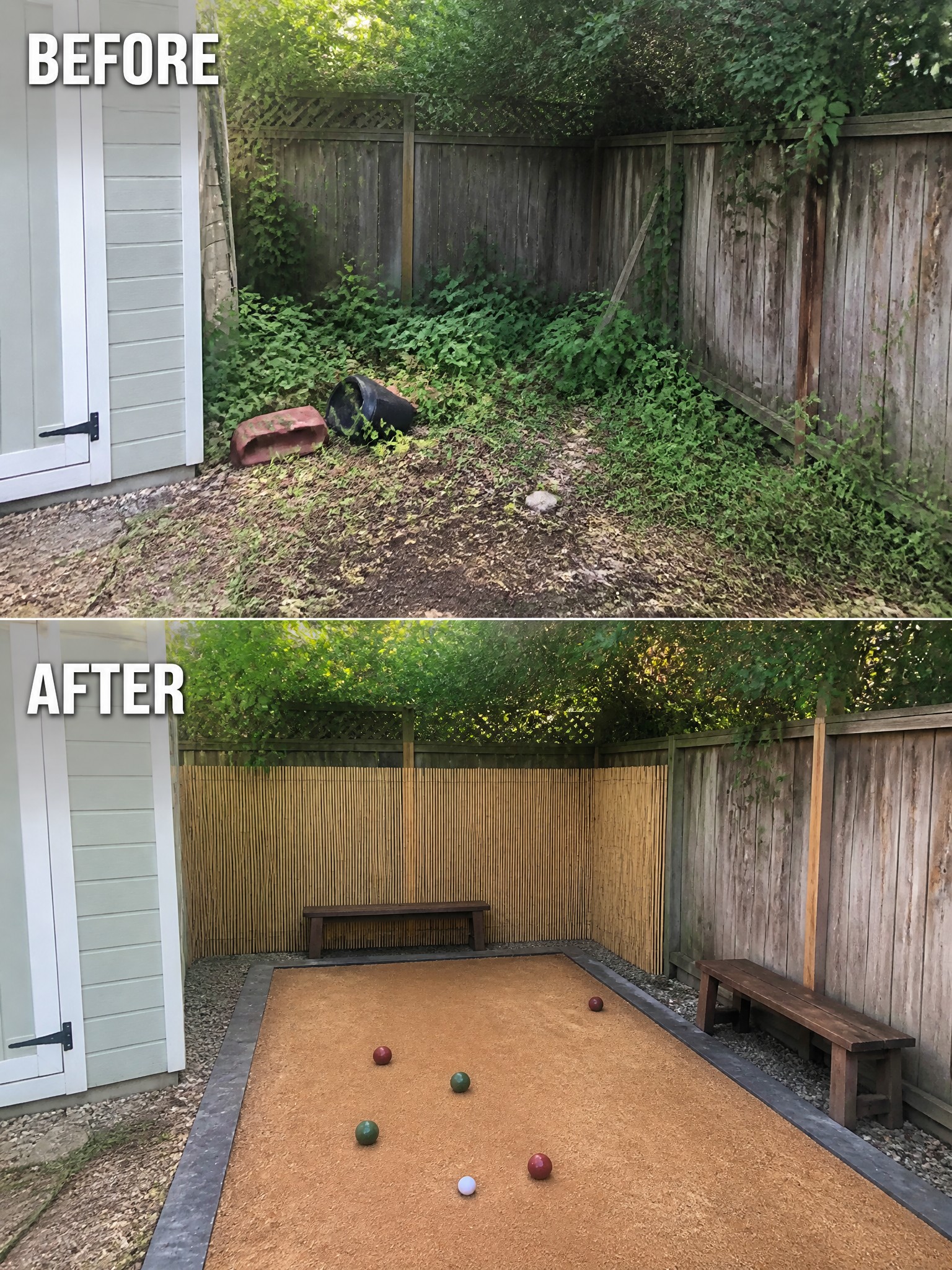 Before overgrown yard and after bocce court with benches and bamboo fence