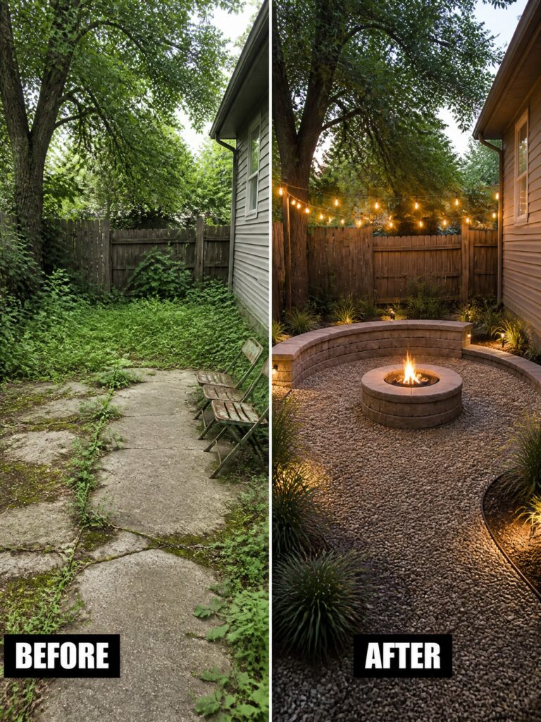Before-and-after backyard makeover with stone fire pit, gravel, and string lights.