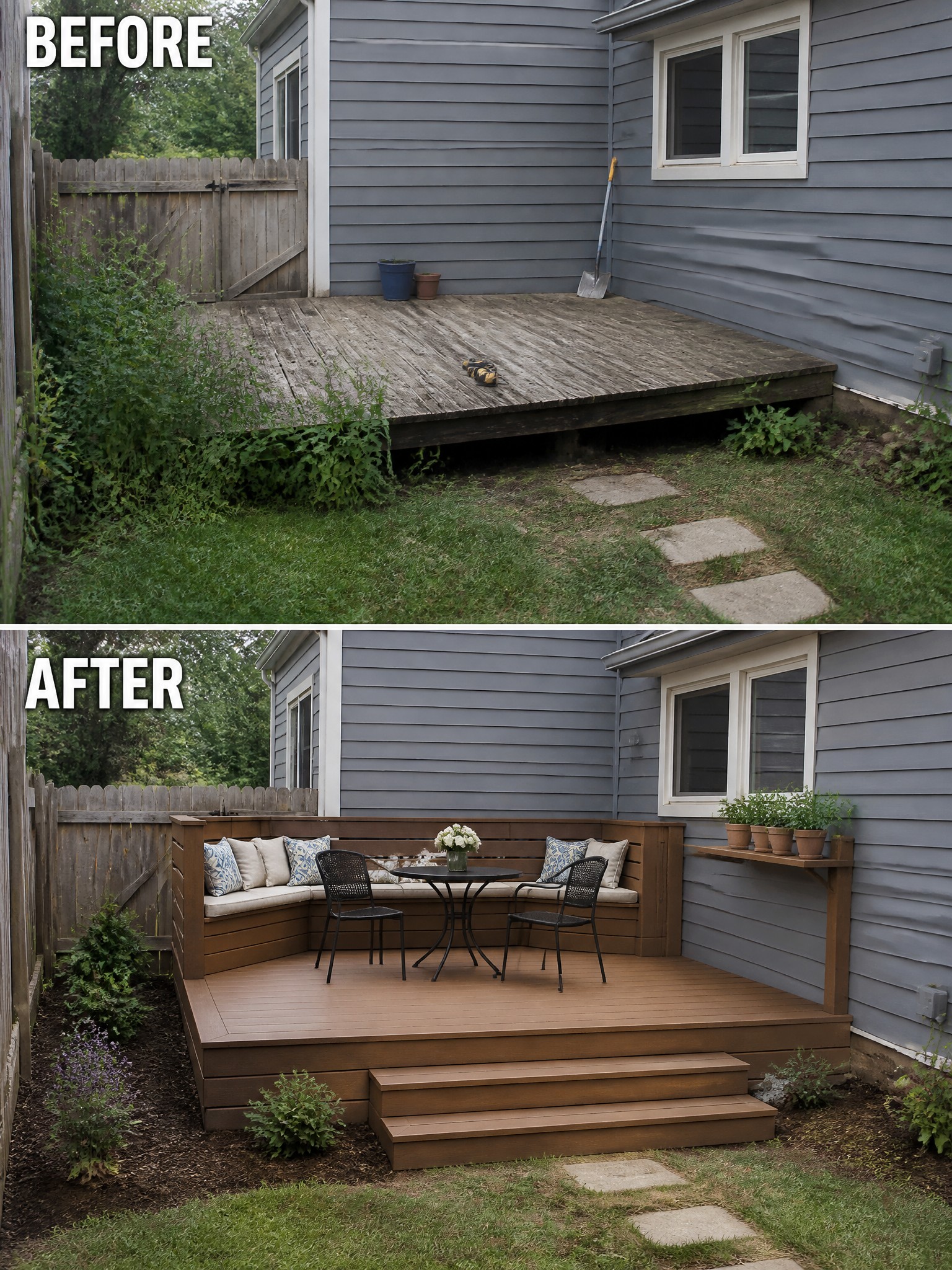 Before and after of a backyard deck remodel with new seating, stairs, and planters.