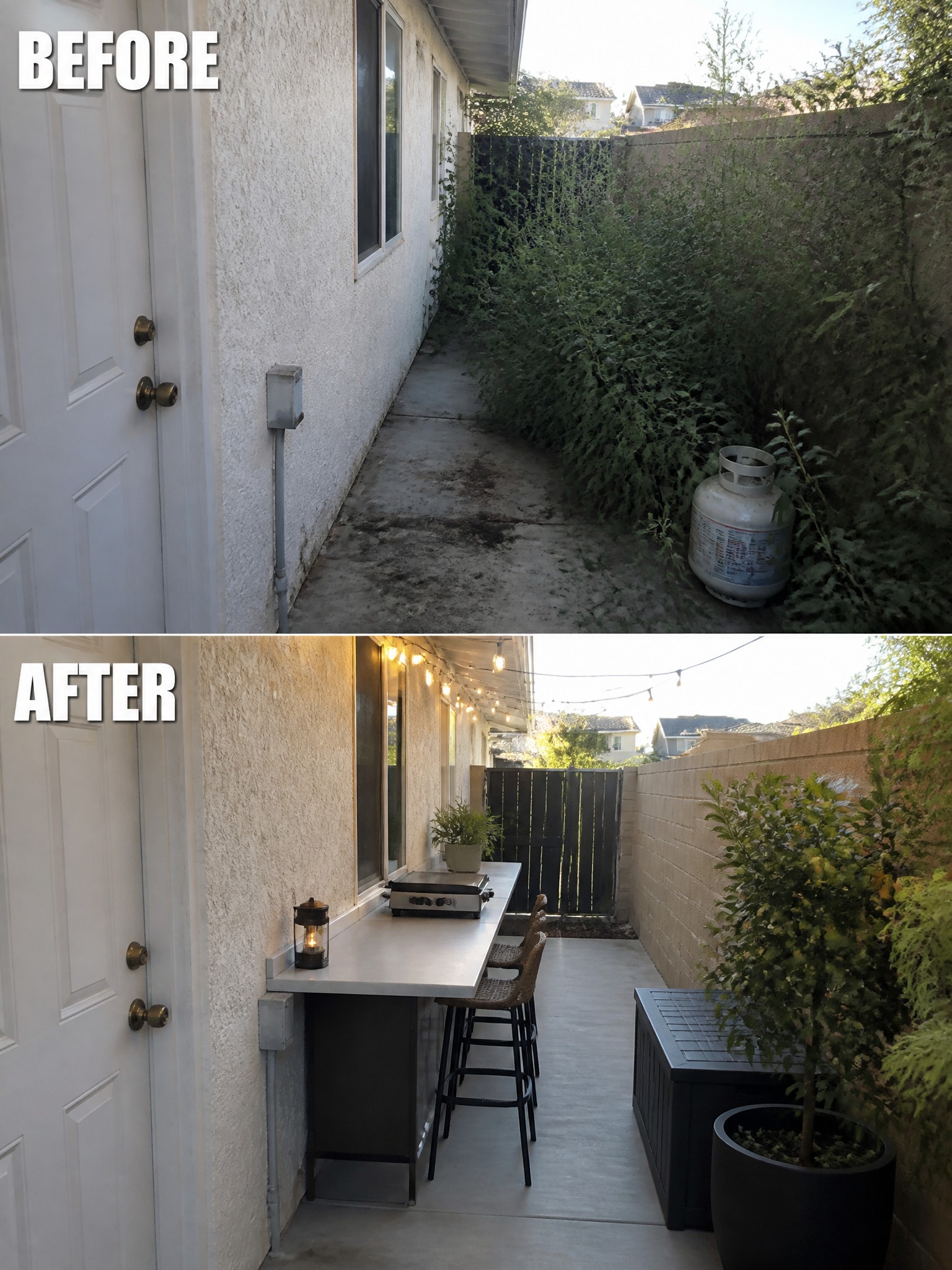 Before-and-after backyard transformation: overgrown yard vs modern patio with outdoor counter and lights.