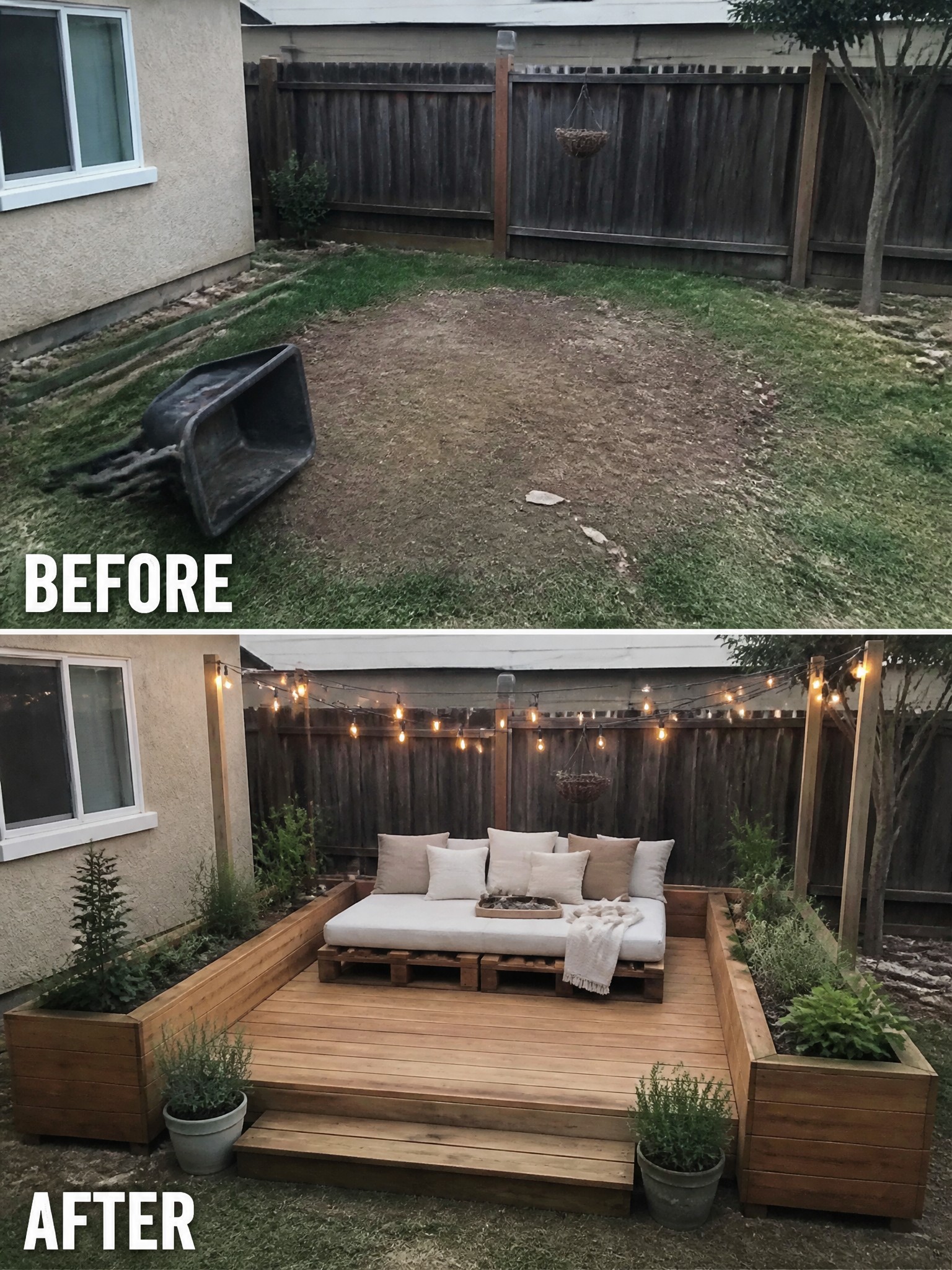 Before-and-after image of a bare backyard transformed into a wooden deck seating area with side planters and string lights.