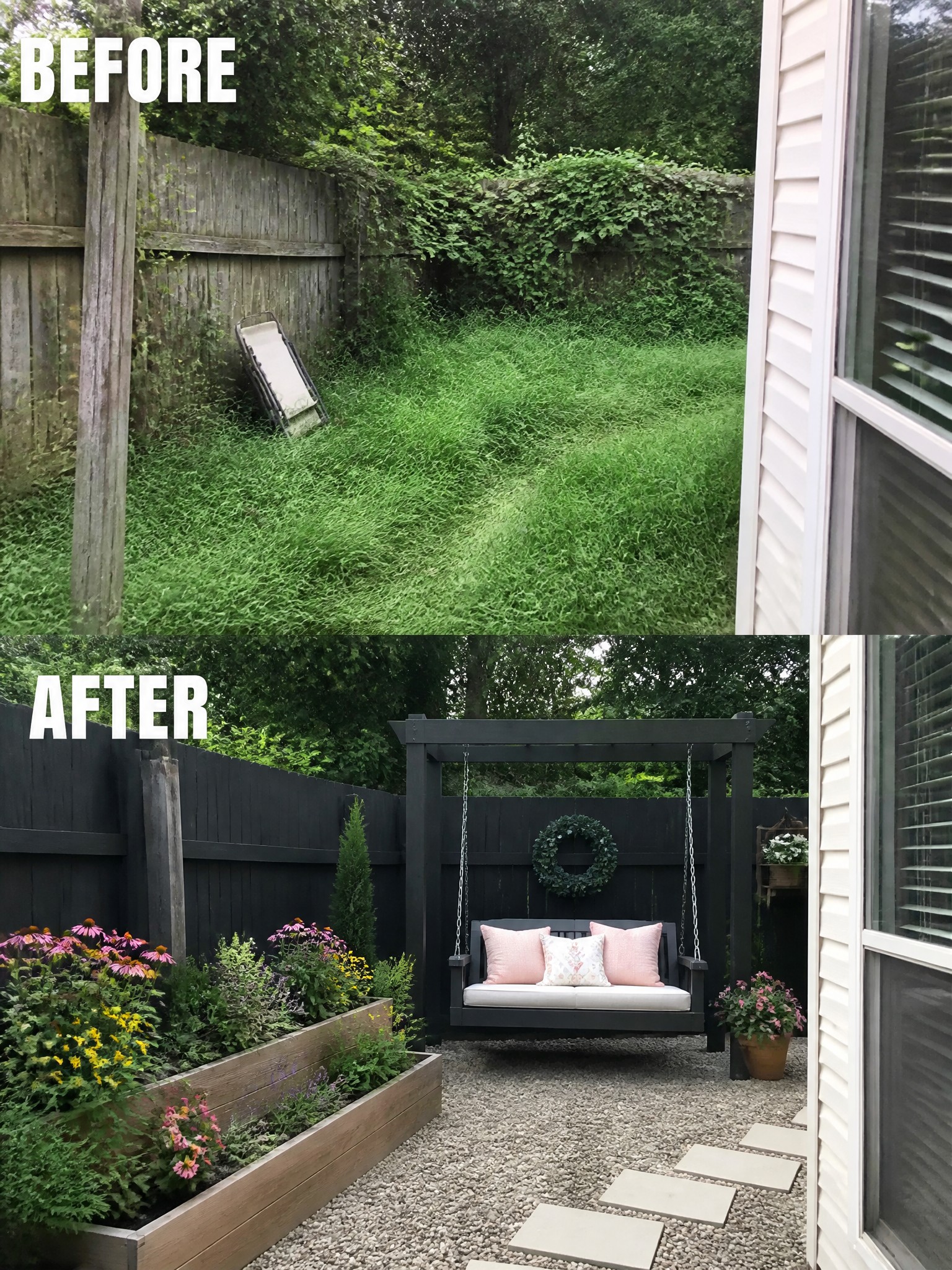 Before and after backyard makeover with overgrown lawn turned into garden swing area.
