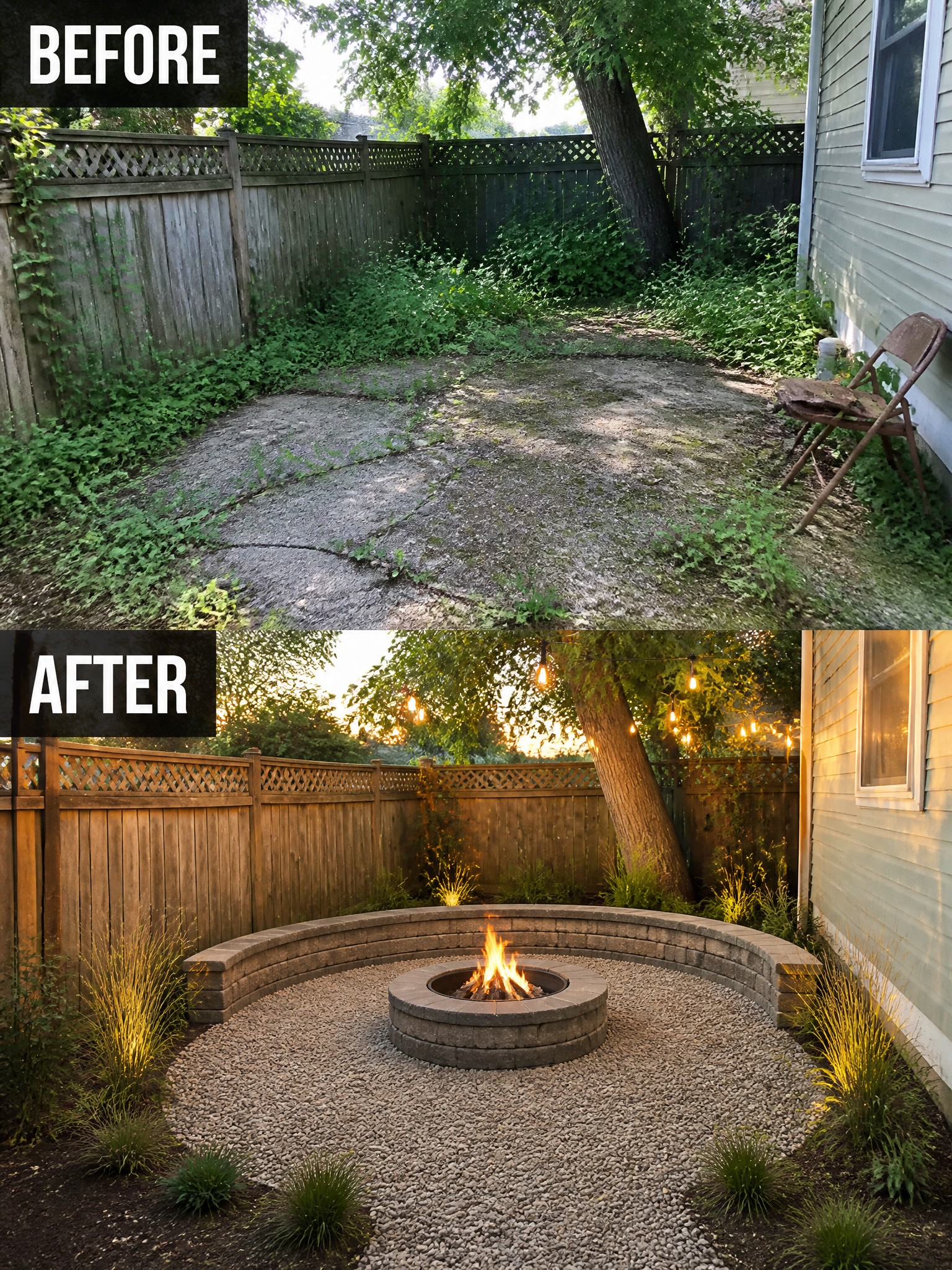 Before-and-after backyard makeover with stone fire pit, gravel, and string lights.