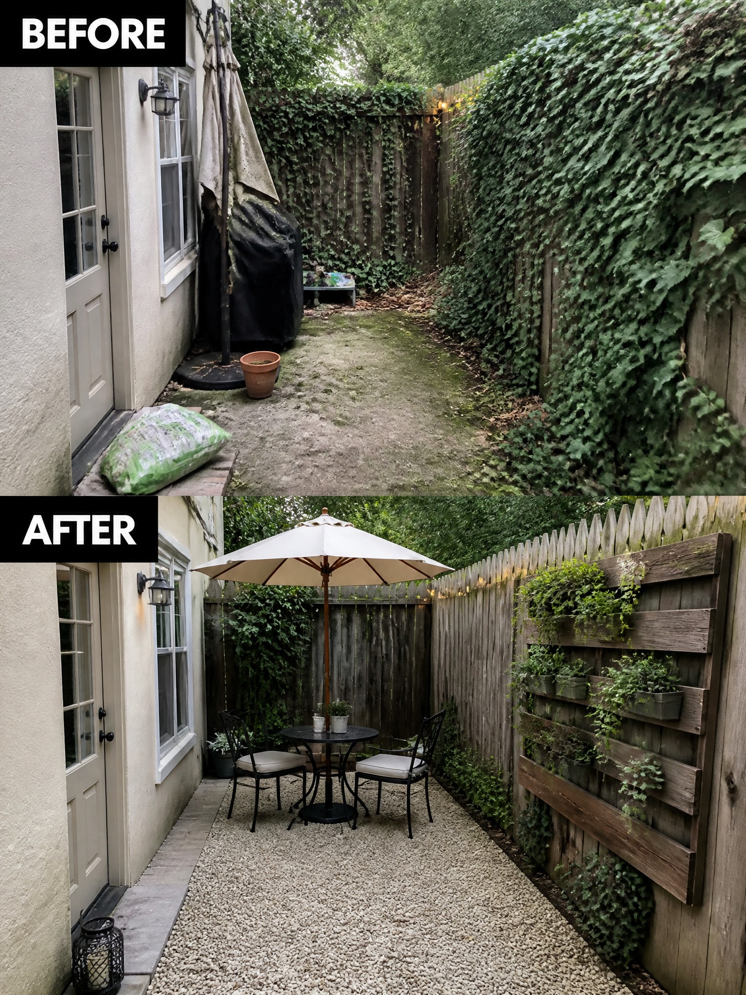 Before and after backyard transformation: messy dirt path to tidy gravel patio with seating and vertical garden.