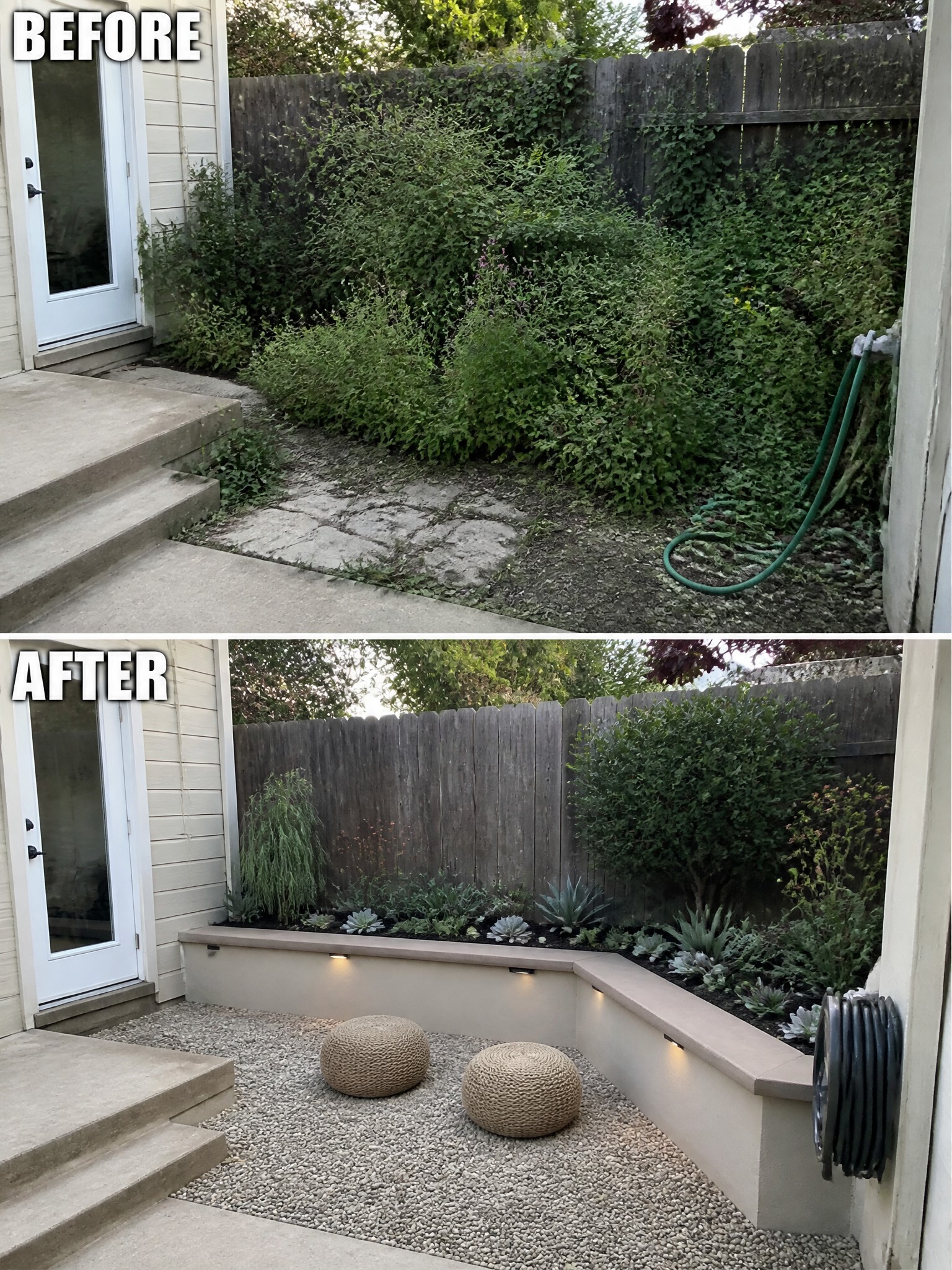 Before and after backyard makeover with overgrown garden turned modern gravel patio and seating.