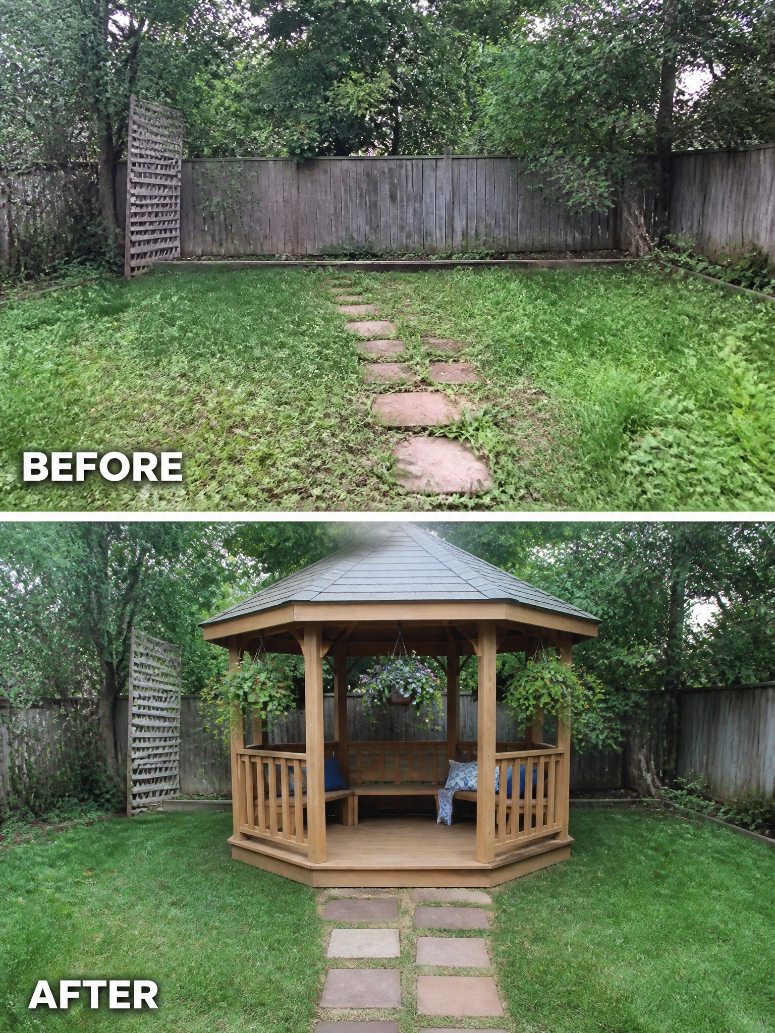 Before and after backyard with stone path and new wooden gazebo.