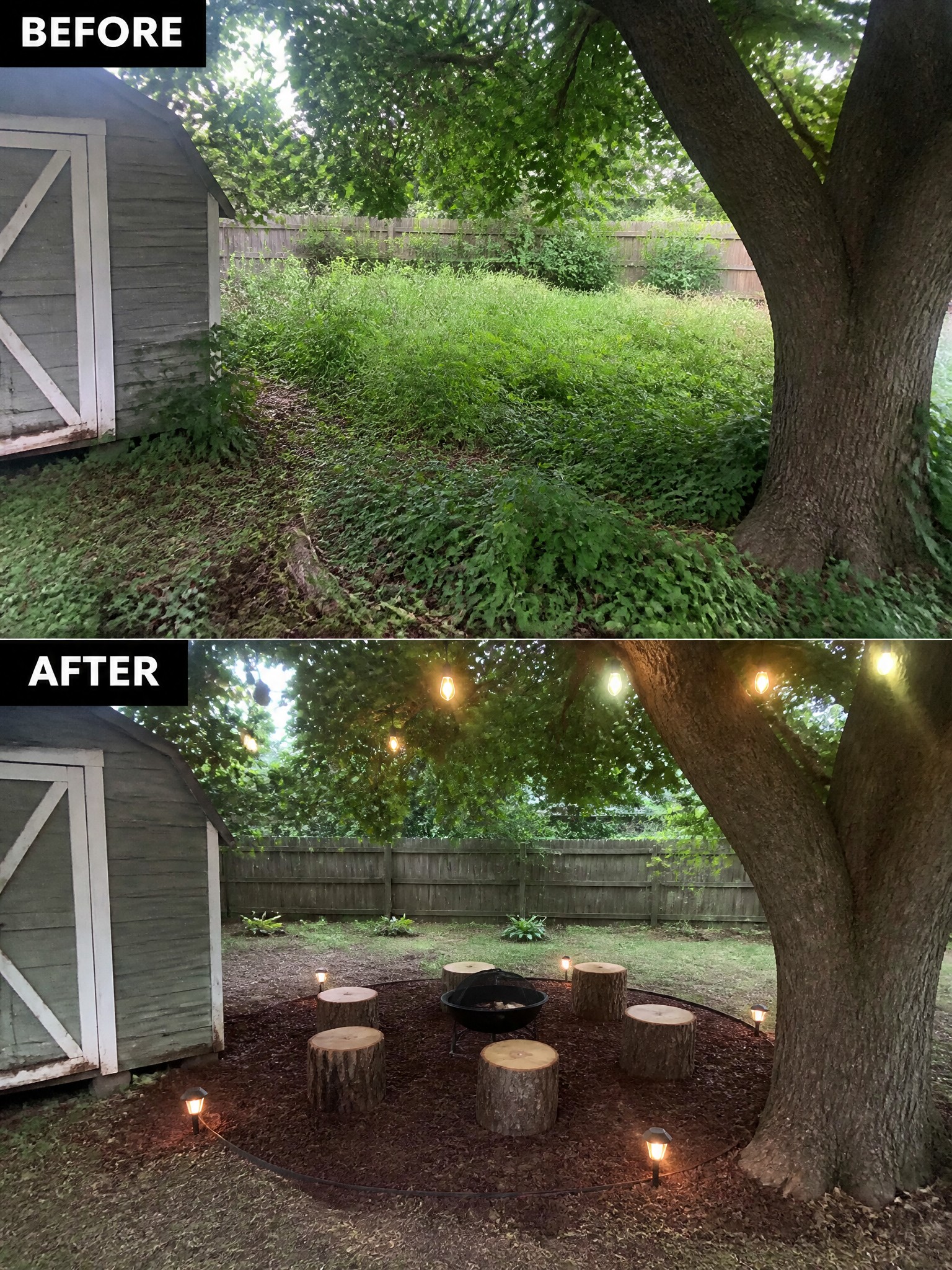 Before-and-after image of an overgrown backyard transformed into a seating area with a fire pit and tree stump stools.