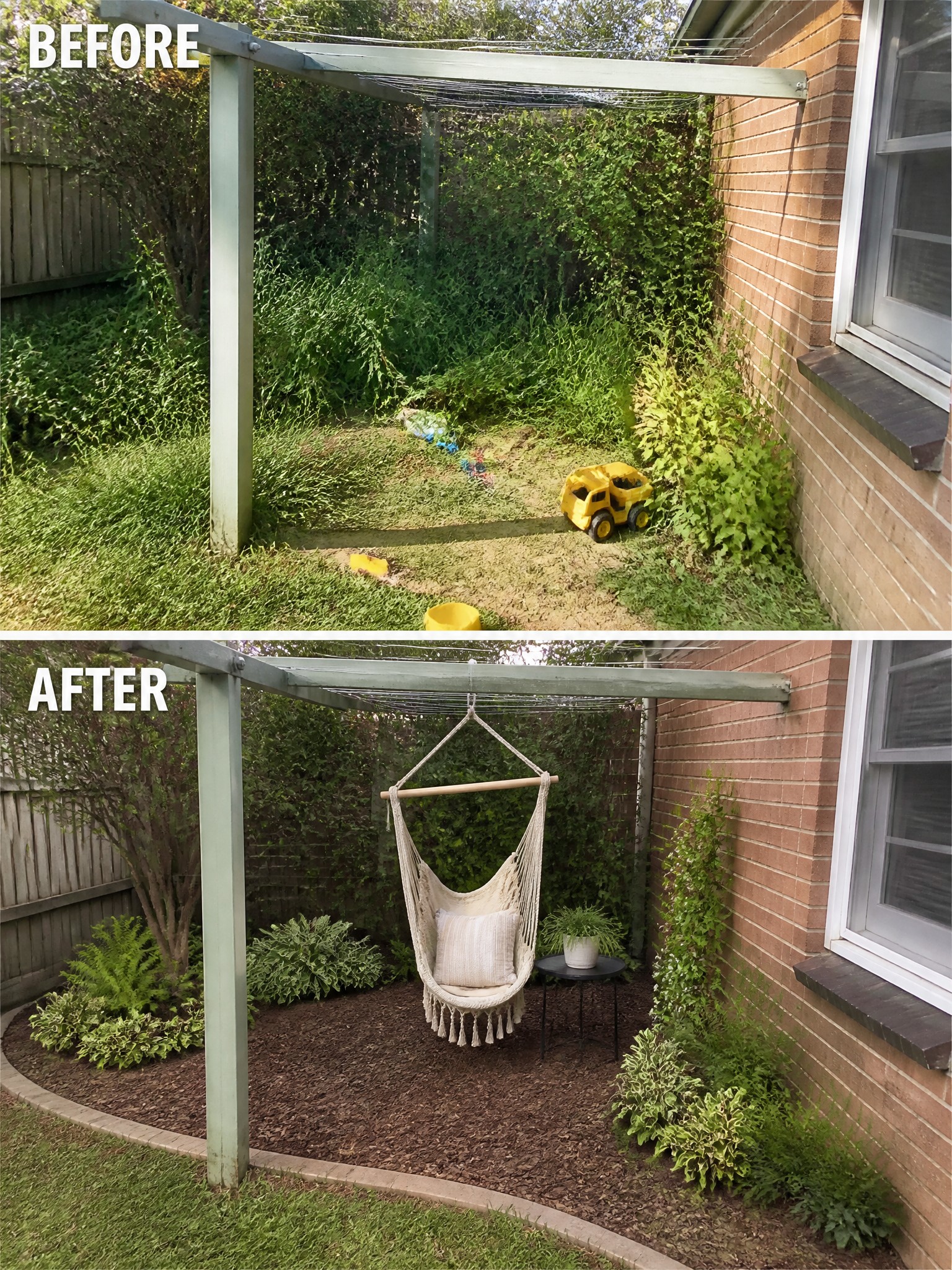 Before-and-after backyard makeover with hammock chair, mulch, and fresh plants.