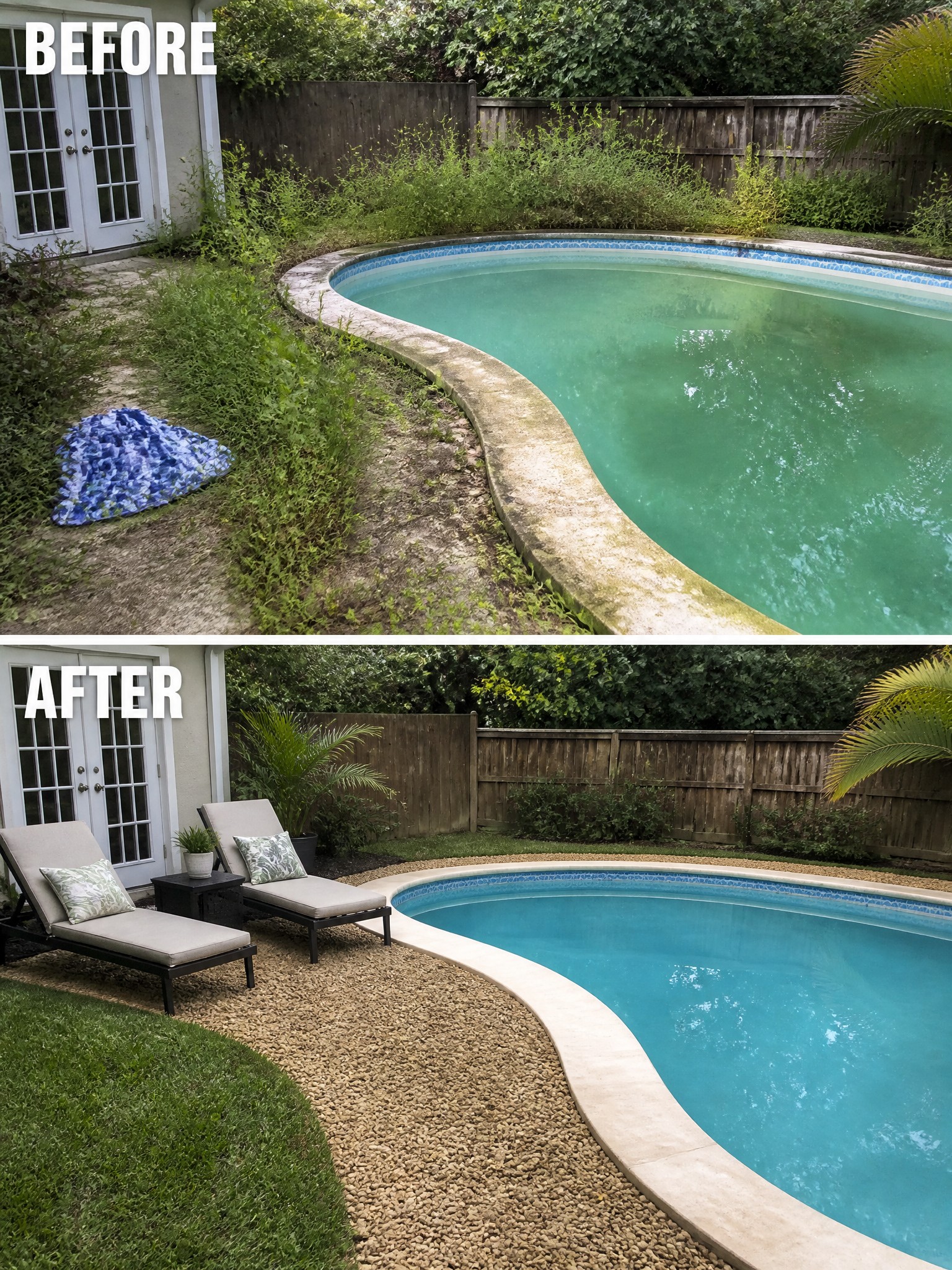Before and after of overgrown backyard pool transformed into clean oasis with lounge chairs and gravel.