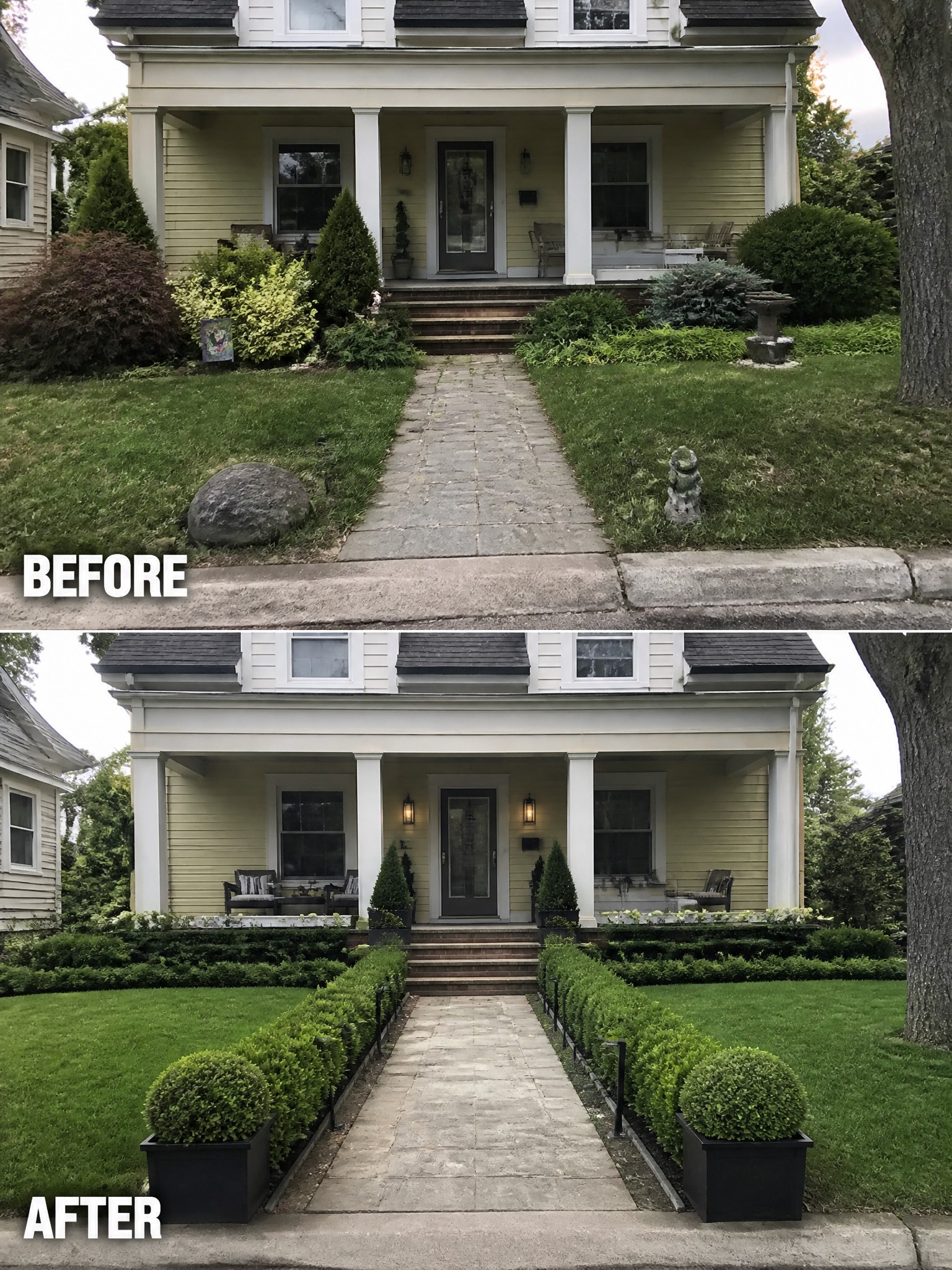 Before and after of yellow house with messy lawn transformed into neat hedges and planters.