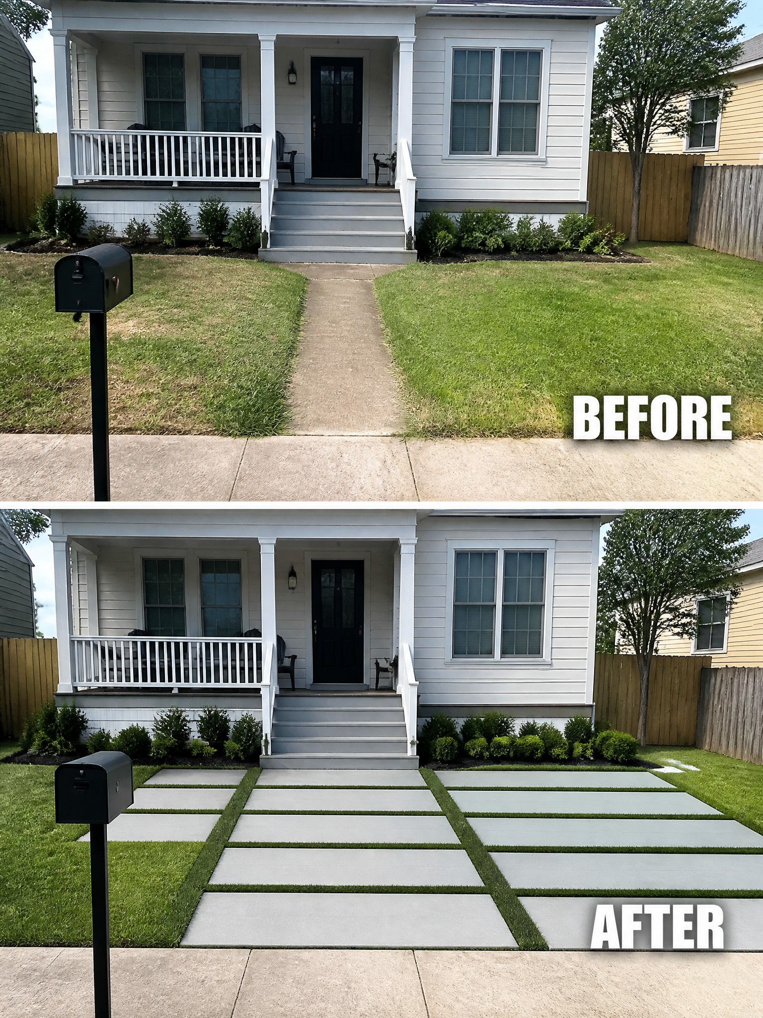 Before-and-after image of a front yard showing a plain concrete path and uneven lawn changed into a structured layout with rectangular pavers and grass strips.